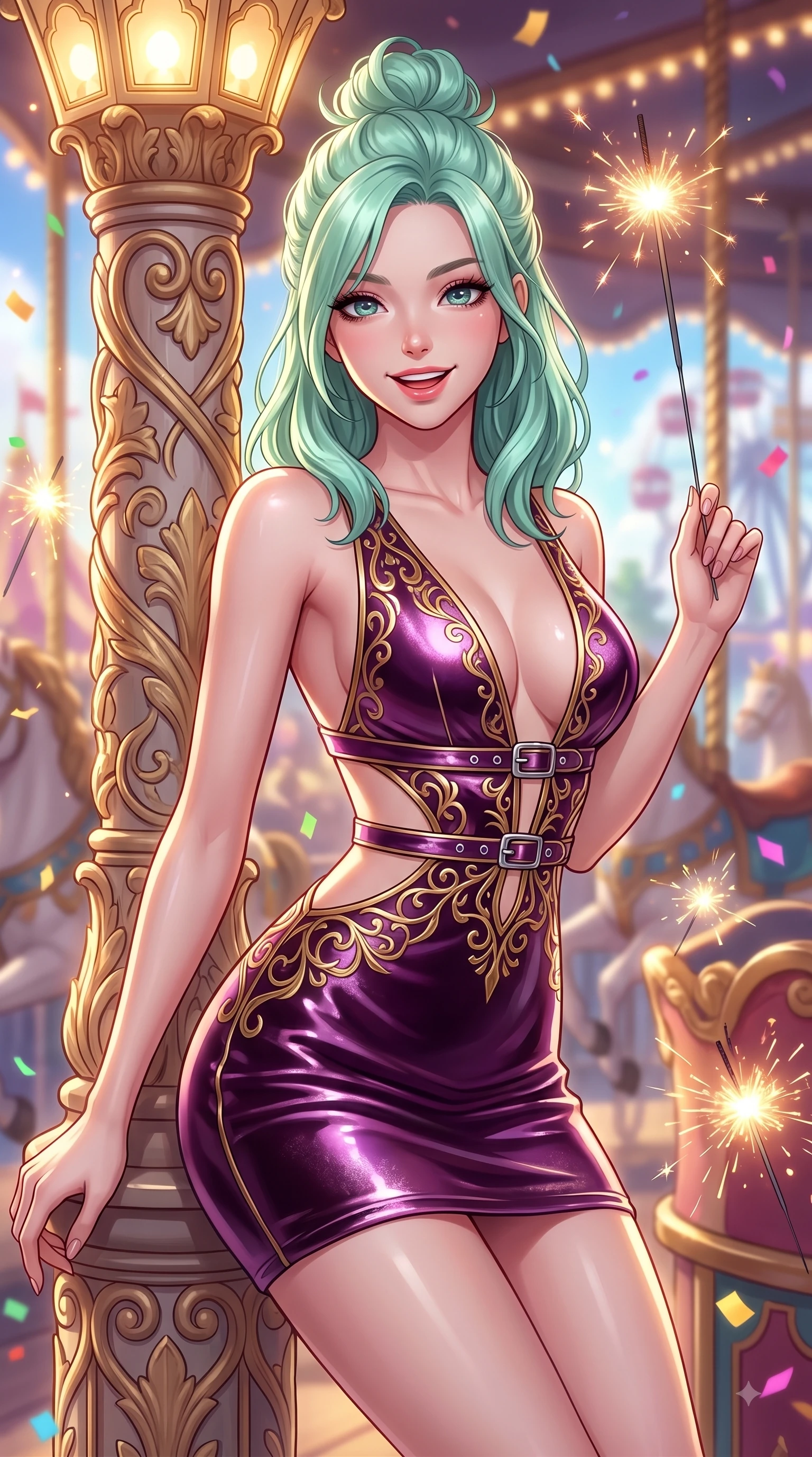 score_9, masterpiece, best quality, ultra-detailed, high-budget anime keyframe, editorial fashion photography, tasteful artistic composition, Japanese woman. close-up cowboy shot from the waist and thighs up, the character dominates the composition, filling the frame with her large presence, background elements kept in soft focus. Cheerful beaming smile with parted lips, exuding pure enchanting charm while turning dynamically toward the camera while resting playfully against a carved carousel pillar as warm golden hour lamps trace her figure, floating sparklers and carnival confetti adding festive, happy energy to the air. She has an exceptionally elegant, slender, and willowy female figure with an ultra-slim waist, a gracefully sculpted slender torso, and a refined silhouette. sharp v-shaped jawline, high-bridge nose, intricate jewel-like eyes with depth, thick eyelashes, glossy lips with a natural sheen, flawlessly proportioned anatomical accuracy, natural body alignment, perfectly sculpted elegant limbs, clean dynamic posture without body distortion. wearing a liquid mercury gloss mini dress with ultra-deep V-neck and waist cutouts in plum purple and gold filigree, made of premium stretch velvet with a rich sheen, detailed with polished silver buckles along the waistline, the elegant draped fit framing her graceful clavicle and slender torso. surrounded by a bright, magical theme park ambiance with rich specular glow. highly saturated vibrant anime colors, detailed shading with soft gradients, rich glossy textures, high-contrast stereoscopic depth, volumetric dynamic lighting, master piece, 9:16 ratio