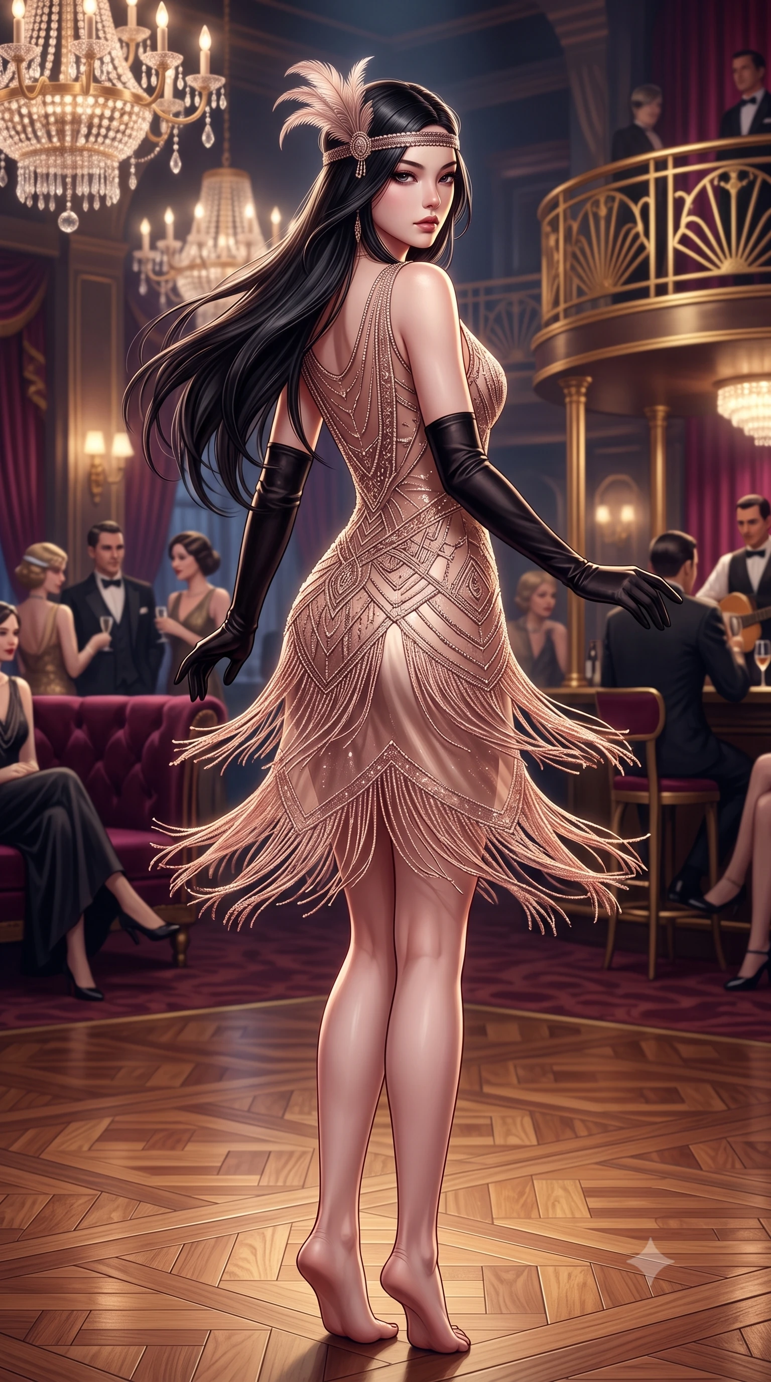 score_9, masterpiece, best quality, ultra-detailed, high-budget anime keyframe, semi-realistic 3D game render, editorial fashion photography, tasteful artistic composition, Korean woman. low angle full-body shot from head to toe showing her feet, filling the entire 9:16 vertical frame with her statuesque presence, stretching her vertical silhouette. posing with back turned slightly to the lens, glancing back with smoldering allure as she arches her lower back to emphasize her sculpted feminine hips and slender waist while twirling dynamically on the polished parquet dance floor, fringes of her dress fluttering around her curvy hips. The surrounding environment is rendered in vivid detail and crisp panoramic clarity. luxurious vintage chiaroscuro and glamorous Great Gatsby nightlife aesthetics rendered with precision. She has an absolutely perfect, statuesque 8.5-heads proportion, an exceptionally tall and slender model-like female figure with impossibly long slender legs, a toned flat midriff, an ultra-slim waist, and beautifully sculpted feminine hips. sharp v-shaped jawline, high-bridge nose, intricate jewel-like eyes with depth, thick eyelashes, glossy parted lips with a natural sheen, intensely captivating and seductive bedroom-eyes expression, flawlessly proportioned anatomical accuracy, strict slender model proportions, natural body alignment, perfectly sculpted long slender limbs, ultra-slim waistline, clean dynamic posture without body distortion. wearing a sheer vintage mesh flapper dress adorned with intricate geometric beadwork over a silk slip in dusky blush rose and champagne shimmer, formed from shimmering geometric Art Deco beadwork over fluid silk lining, accessorized with opera-length black satin gloves and a feathered art deco headband, the liquid-tight tailored fabric clinging flawlessly to her narrow waist and rounded feminine hips, emphasizing every millimeter of her sculpted hourglass curves during movement. surrounded by an opulent, scandalous, and irresistibly intoxicating jazz-age siren aura. highly saturated vibrant anime colors, detailed shading with soft gradients, rich glossy textures, high-contrast stereoscopic depth, volumetric dynamic lighting, master piece, 9:16 ratio