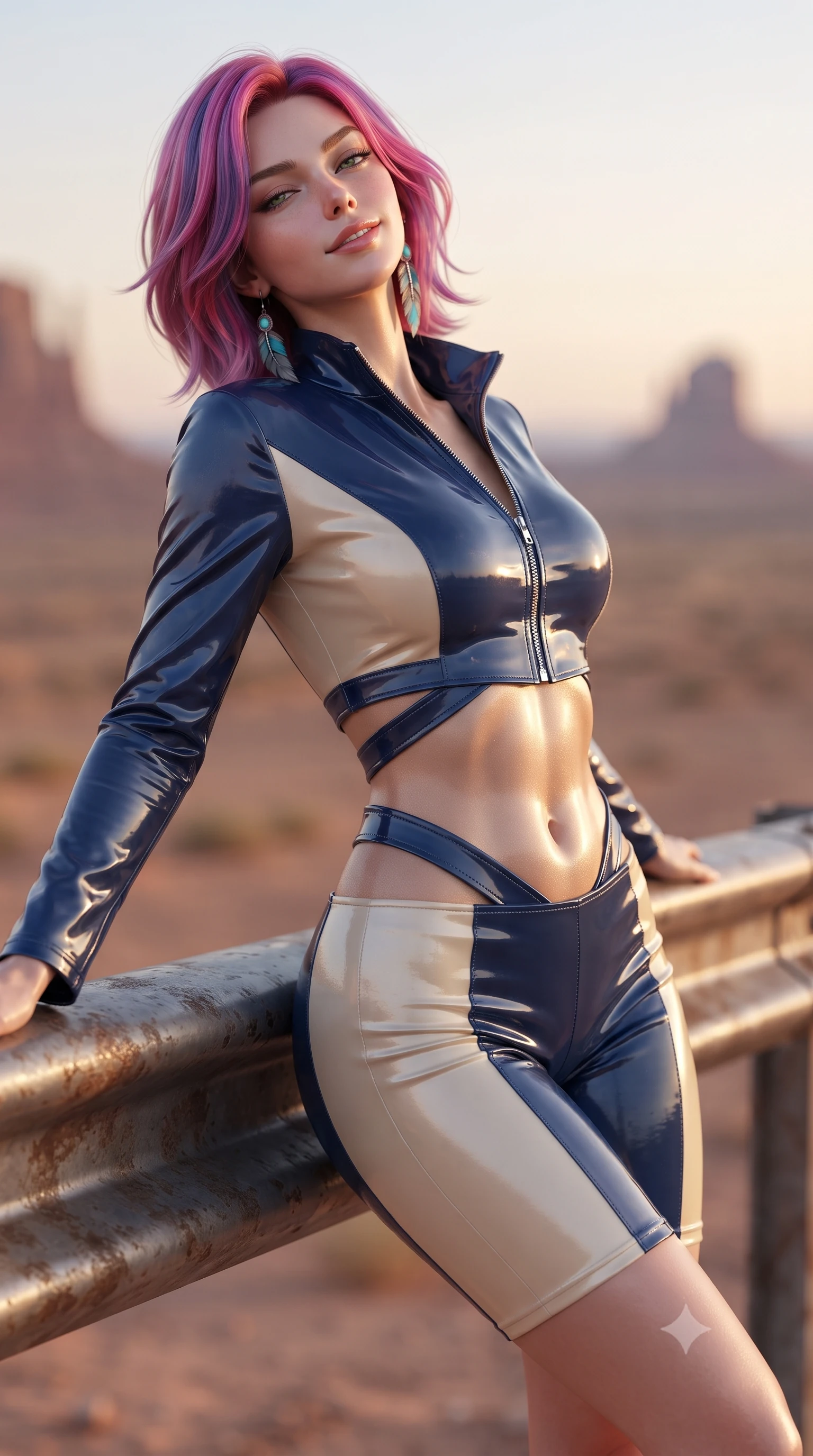 score_9, masterpiece, best quality, ultra-detailed, high-budget anime keyframe, editorial fashion photography, tasteful artistic composition, Caucasian woman. close-up cowboy shot from the waist and thighs up, the character dominates the composition, filling the frame with her large presence. leaning back against the balustrade with relaxed seductive grace, head tilted back slightly while casting a hypnotic, heavy-lidded gaze while twisting her slender torso in an alluring contrapposto stance, shimmering heat mirages tracing her sculpted flat midriff and curvy hips. The background shows a soft-focus vast desert horizon softened in surreal minimalist shallow focus. She has an exceptionally elegant, slender, and willowy female figure with an ultra-slim waist, flat toned midriff, narrow ribcage, and sculpted feminine hips creating an alluring, slim hourglass silhouette without bulk. sharp v-shaped jawline, high-bridge nose, sparkling eyes with hypnotic seductive depth, thick curled eyelashes, glossy parted lips with a natural dewy peach sheen, alluring bedroom-eyes with an enchanting coquettish smile, exuding magnetic siren charisma and sophisticated glamour, flawlessly proportioned anatomical accuracy, strict slender model proportions, natural body alignment, perfectly sculpted long slender limbs, ultra-slim waistline, clean dynamic posture without body distortion. wearing a modern two-piece desert outlaw set featuring a zip-front crop jacket and curve-hugging low-rise biker shorts in French Riviera navy blue and warm champagne ivory, crafted from wet-look high-gloss vinyl fabric with dazzling specular surface reflections, accented with turquoise and silver bohemian feather earrings swaying near her bare neck, the high-slit wrap tailoring accentuating her ultra-slim waistline and the enchanting curve of her feminine hips with alluring seductive charm. illuminated by ground salt reflection fill and sharp white-gold rim lights defining her delicate clavicles, narrow waist, and curvy hips. ultra-reflective glossy finish, specular highlights, rich textural contrasts, high-contrast stereoscopic depth, volumetric dynamic lighting, 2k, ultra detail, master piece, 9:16 ratio