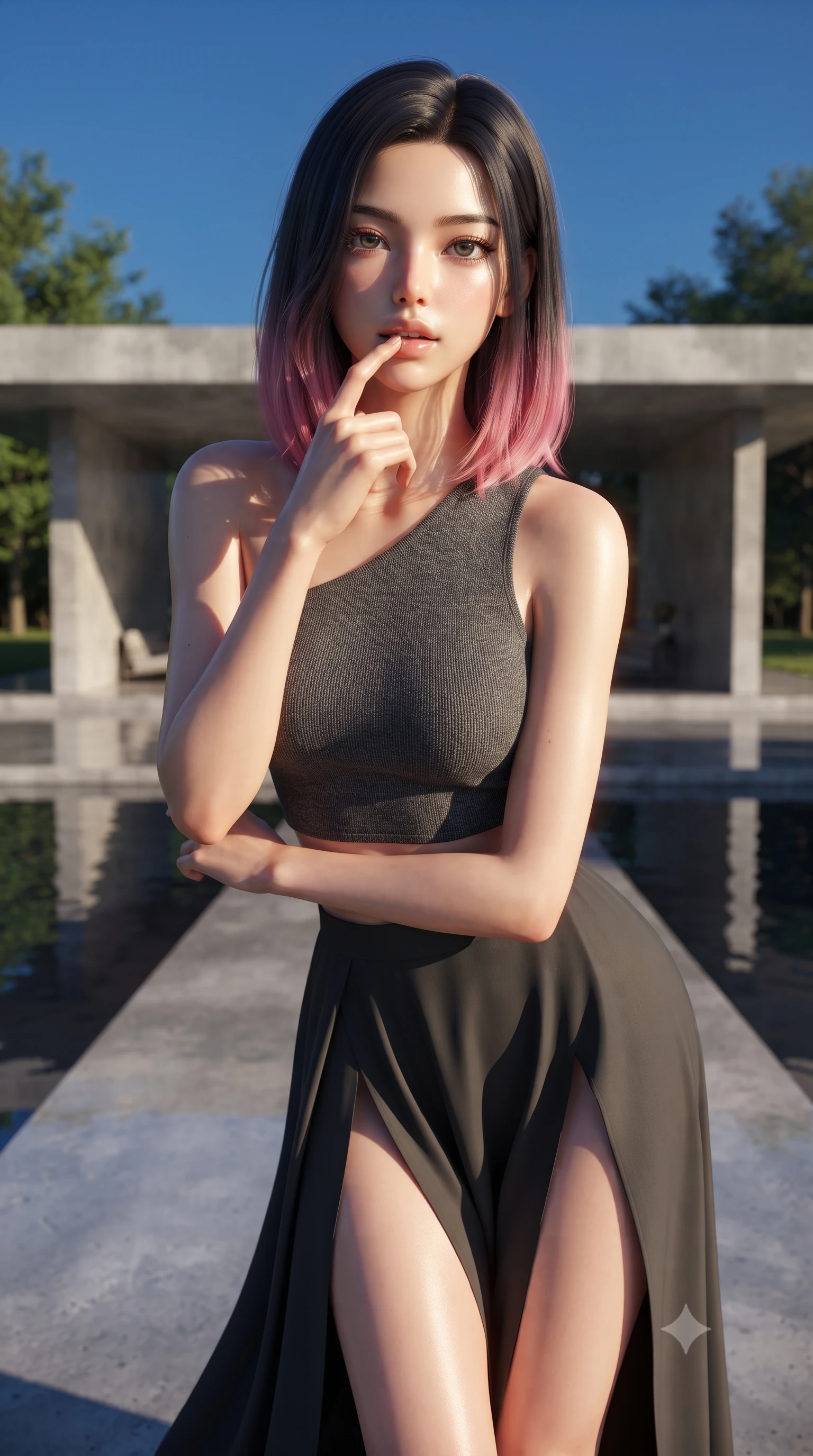 score_9, masterpiece, best quality, ultra-detailed, high-budget anime keyframe, editorial fashion photography, tasteful artistic composition, Korean woman woman. close-up cowboy shot from the waist and thighs up, the character dominates the composition, filling the frame with her large presence, background elements kept in soft focus. pressing one finger to her bottom lip in a thoughtful, seductive gesture under the warm sun the background shows a soft-focus a concrete pavilion with pools reflecting the sky and surrounding trees. She has an exceptionally elegant, slender, and willowy female figure with an ultra-slim waist, a gracefully sculpted slender torso, and a refined silhouette. sharp v-shaped jawline, high-bridge nose, intricate jewel-like eyes with depth, thick eyelashes, glossy lips with a natural sheen. wearing a tailored asymmetric one-shoulder crop top in charcoal knit, paired with a high-slit skirt. bright midday sun rays creating clean, sharp shadows and reflections. ultra-reflective glossy finish, specular highlights, metallic sheen, high-contrast stereoscopic depth, volumetric dynamic lighting, 2k, ultra detail, master piece, 9:16 ratio