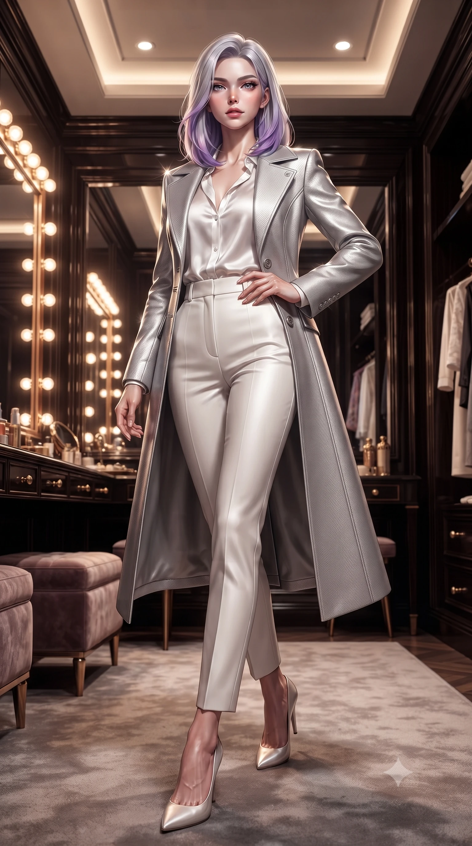 score_9, masterpiece, best quality, ultra-detailed, high-budget anime keyframe, editorial fashion photography, tasteful artistic composition, Caucasian woman. low angle full-body shot from head to toe showing her feet, filling the entire 9:16 vertical frame with her statuesque presence, stretching her vertical silhouette. stepping gracefully through the luxurious environment, stretching her statuesque silhouette, standing in a private VIP couture dressing room lined with warm vanity bulb mirrors, magnetic power pose with one hand resting gracefully on her hip. She has an absolutely perfect, statuesque 8.5-heads proportion, an exceptionally tall and slender model-like female figure with impossibly long slender legs and an ultra-slim waist. sharp v-shaped jawline, high-bridge nose, intricate jewel-like eyes with depth, thick eyelashes, glossy lips with a natural sheen. wearing structured platinum leather long coat over white silk blouse and tailored slacks in pearl white, made of matte carbon-fiber weave, finished with metallic silver boning and sleek zipper points, highlighting her statuesque proportions and ultra-slim waistline. bathed in high-contrast studio spotlighting with crisp specular glints. ultra-reflective glossy finish, specular highlights, metallic sheen, high-contrast stereoscopic depth, volumetric dynamic lighting, 2k, ultra detail, master piece, 9:16 ratio