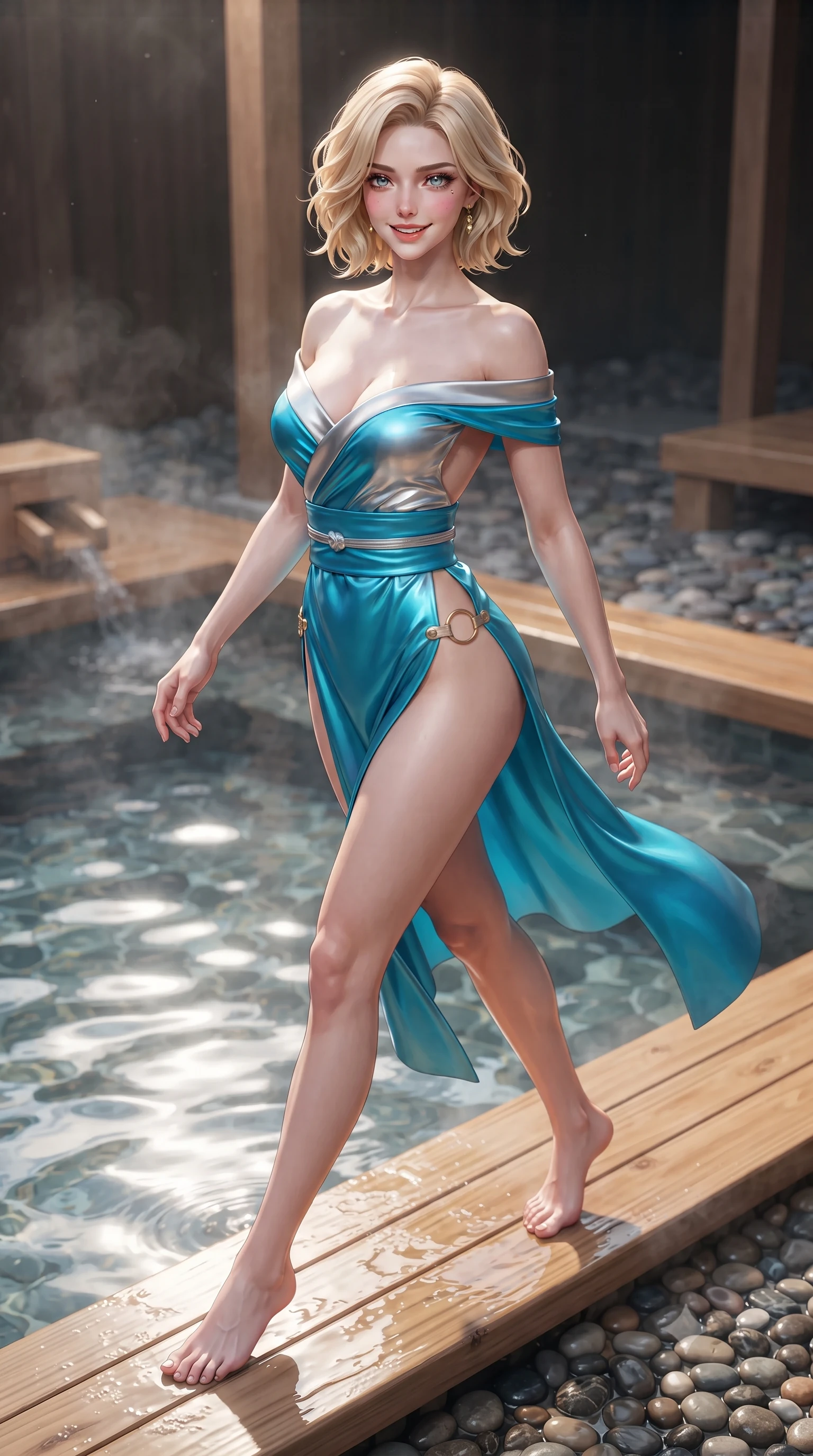 score_9, masterpiece, best quality, ultra-detailed, high-budget anime keyframe, editorial fashion photography, tasteful artistic composition, Caucasian woman. low angle full-body shot from head to toe showing her feet, filling the entire 9:16 vertical frame with her statuesque presence, stretching her vertical silhouette. stepping forward in a confident stride, her long slender legs and curvaceous hips creating a dynamic, sweeping vertical line while sitting perched on the wooden onsen deck with legs dipped in steaming thermal water, flashing an enchanting, flirtatious smile. The surrounding environment is rendered in vivid detail and crisp panoramic clarity: sharp wet hinoki wood grain textures, steaming water ripples, and smooth river pebble flooring in deep focus. She has an exceptionally tall and slender model-like 8.5-heads proportion, an ultra-slim waist, a flat toned midriff, narrow delicate ribcage, and beautifully sculpted feminine hips creating a graceful, slim hourglass silhouette without any bulky heaviness, with impossibly long slender legs. sharp v-shaped jawline, high-bridge nose, intricate jewel-like sparkling eyes with depth, thick eyelashes, glossy parted lips with a natural peach sheen, bright cheerful beaming smile with an enchanting and coquettish sensual glint, exuding both youthful cute charm and seductive allure, flawlessly proportioned anatomical accuracy, strict slender model proportions, natural body alignment, perfectly sculpted long slender limbs, ultra-slim waistline, clean dynamic posture without body distortion. wearing a backless Japanese silk robe-inspired cocktail dress slipping gracefully off bare shoulders with a cinched obi belt in Shibuya electric cyan and chrome silver, made of fluid liquid jersey with seamless sculpting hold and smooth contours, finished with fine gold ring clasps securing the daring side openings along her hip line, the form-contouring silhouette accentuating her sculpted flat midriff, narrow delicate ribcage, and gracefully curvy hips with intoxicating allure. illuminated by thermal pool surface caustics and sharp pearlescent rim lights sculpting her razor-sharp jawline, narrow waist, and curvy hips. ultra-reflective glossy finish, specular highlights, rich textural contrasts, high-contrast stereoscopic depth, volumetric dynamic lighting, 2k, ultra detail, master piece, 9:16 ratio