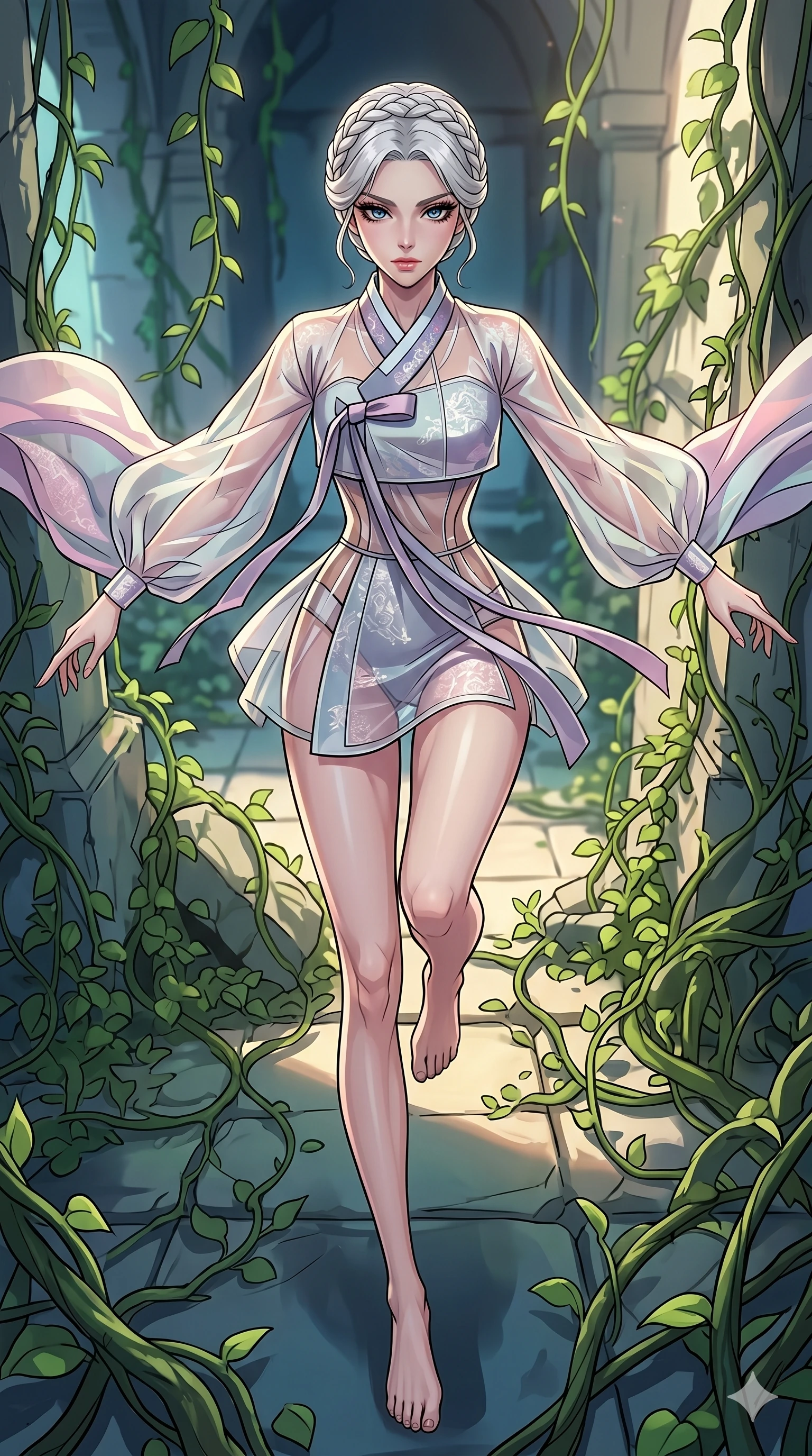 score_9, masterpiece, best quality, ultra-detailed, high-budget anime movie keyframe, cinematic anime lighting, intricate line art, Japanese woman. Extreme high angle shot as she leaps towards the camera, filling the frame. dancing in a ruin where the vines grow and retreat with her steps. She has an absolutely perfect 8-heads proportion, an exceptionally tall and slender female figure with an ultra-slim waist and impossibly long slender legs. strictly human anatomy, two legs only, no extra limbs, clearly defined legs and arms, perfect anatomy, perfect hands and fingers. sharp v-shaped jawline, high-bridge nose, intricate jewel-like eyes, thick eyelashes, glossy lips. Wearing Modern Traditional: Shortened cyber-hanbok with fusion silk robes and transparent panels. The scene is illuminated by dramatic atmospheric lighting and vibrant color palettes. , 2k, ultra detail, master piece, 9:16 ratio