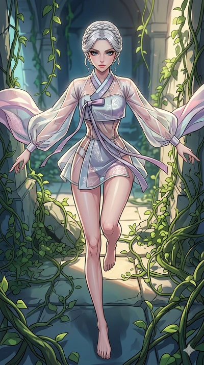 score_9, masterpiece, best quality, ultra-detailed, high-budget anime movie keyframe, cinematic anime lighting, intricate line art, Japanese woman. Extreme high angle shot as she leaps towards the camera, filling the frame. dancing in a ruin where th