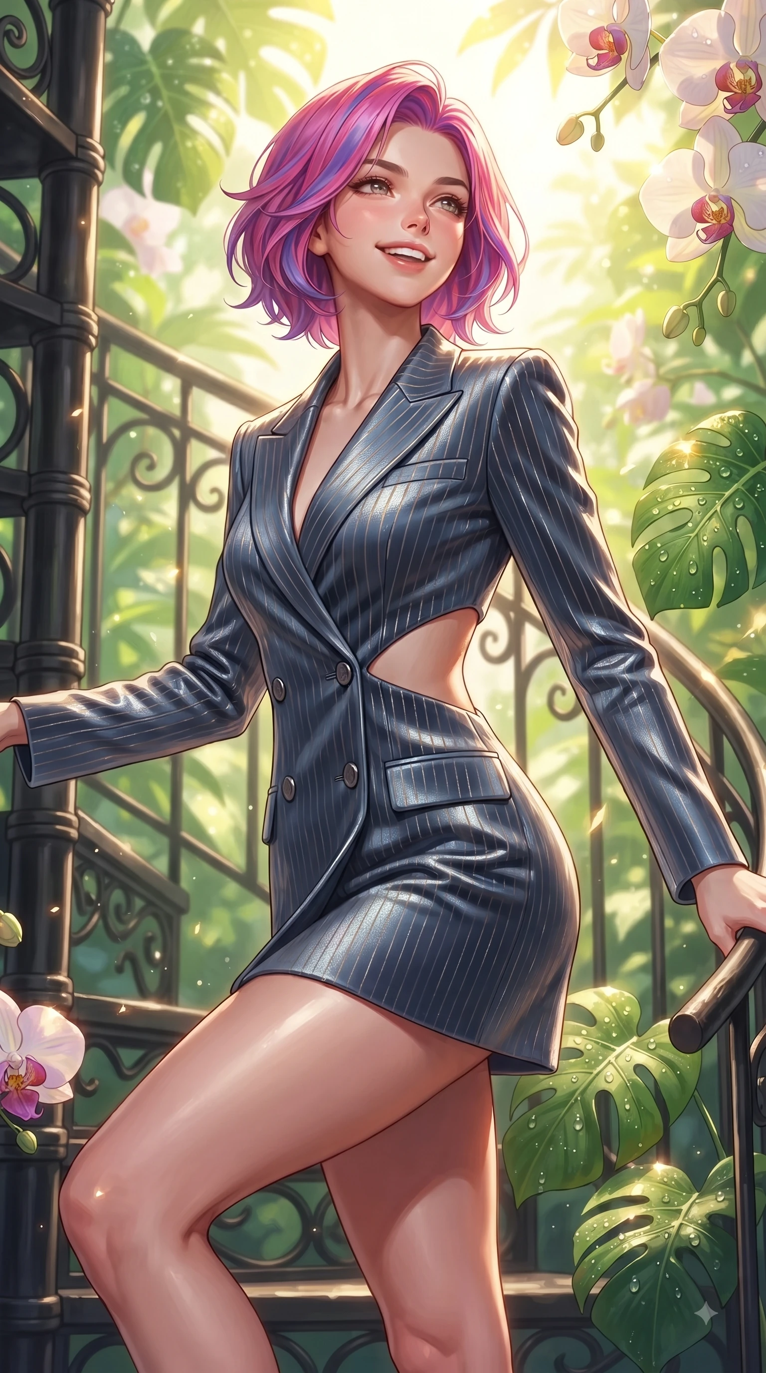 score_9, masterpiece, best quality, ultra-detailed, high-budget anime keyframe, editorial fashion photography, tasteful artistic composition, Caucasian woman. close-up cowboy shot from the waist and thighs up, the character dominates the composition, filling the frame with her large presence, background elements kept in soft focus. Tilting her chin up with a sweet beaming smile of pure delight while balancing dynamically amidst the scene while ascending a spiral iron staircase enveloped by sunlit tropical foliage and exotic orchids, dewdrops on lush green Monstera leaves and orchids scattering bright specular highlights. She has an exceptionally elegant, slender, and willowy female figure with an ultra-slim waist, a gracefully sculpted slender torso, and a refined silhouette. sharp v-shaped jawline, high-bridge nose, intricate jewel-like eyes with depth, thick eyelashes, glossy lips with a natural sheen, flawlessly proportioned anatomical accuracy, natural body alignment, perfectly sculpted elegant limbs, clean dynamic posture without body distortion. wearing a double-breasted blazer dress with subtle metallic pin-stripes in slate blue and metallic silver, made of premium stretch velvet with a rich sheen, featuring clean architectural cutouts along her slender torso, the tailored fabric tightly following every curve of her athletic build. bathed in brilliant golden sunlight and fresh green botanical ambient glow. ultra-reflective glossy finish, specular highlights, metallic sheen, high-contrast stereoscopic depth, volumetric dynamic lighting, 2k, ultra detail, master piece, 9:16 ratio