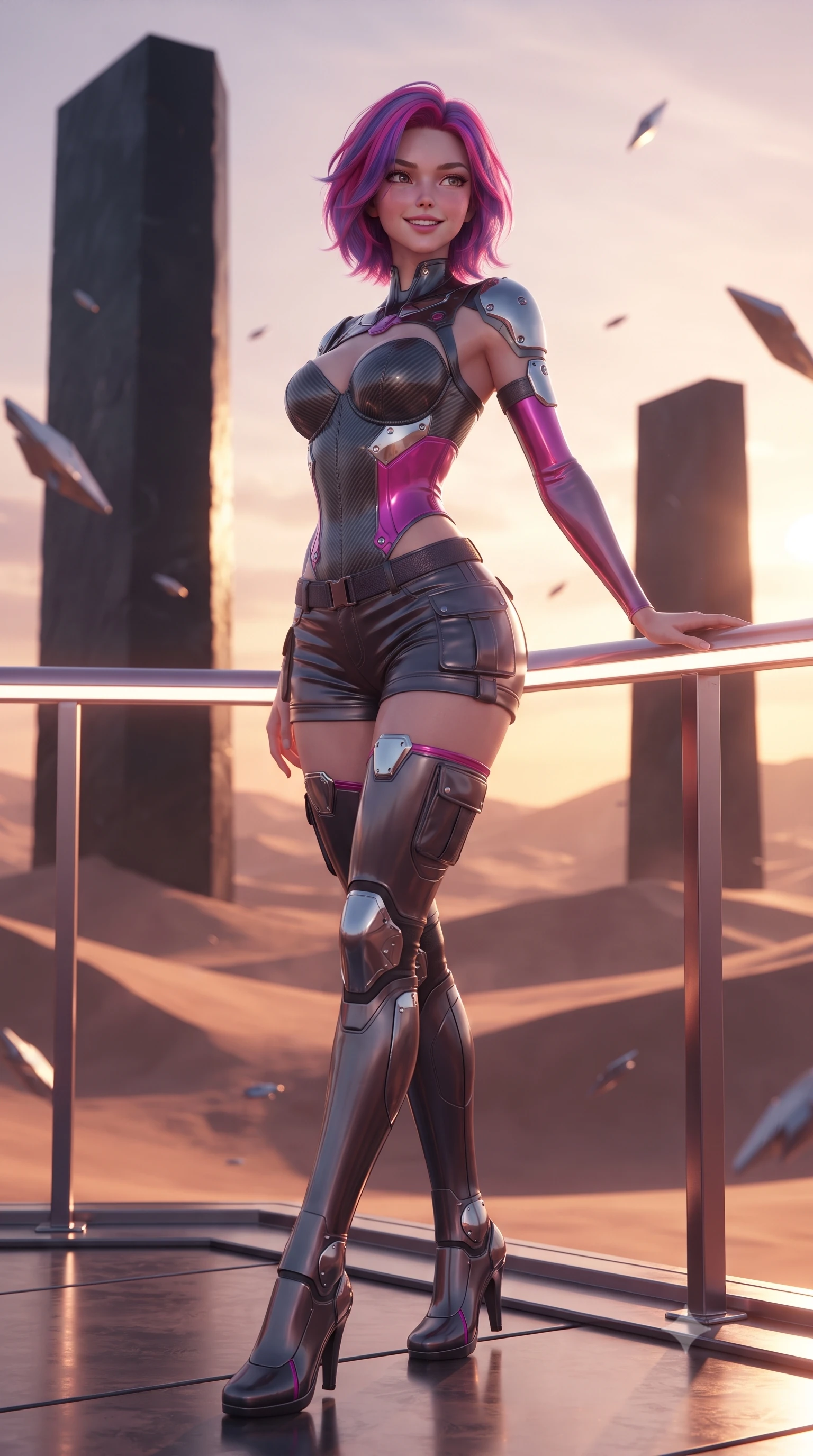 score_9, masterpiece, best quality, ultra-detailed, high-budget anime keyframe, editorial fashion photography, tasteful artistic composition, Caucasian woman. low angle full-body shot from head to toe showing her feet, filling the entire 9:16 vertical frame with her statuesque presence, stretching her vertical silhouette. standing in a tall, confident posture with one hand on a glowing metal railing, stretching her statuesque body as she arches her lower back to emphasize her sculpted feminine hips and slender waist while standing poised between colossal black obsidian monoliths rising from alien dunes, arching her back with sovereign ancient-future grace. The background shows a soft-focus floating anti-gravity metallic shards drifting silently in the sub-orbital wind softened in mystical sci-fi shallow focus. She has an absolutely perfect, statuesque 8.5-heads proportion, an exceptionally tall and slender model-like female figure with impossibly long slender legs, an ultra-slim waist, a flat toned midriff, narrow delicate ribcage, and beautifully sculpted feminine hips creating a graceful, slim hourglass silhouette without any bulky heaviness. sharp v-shaped jawline, high-bridge nose, intricate jewel-like sparkling eyes with depth, thick eyelashes, glossy parted lips with a natural sheen, bright confident smile with an enchanting and coquettish sensual glint, exuding both youthful magnetic charm and sovereign high-tech allure, flawlessly proportioned anatomical accuracy, strict slender model proportions, natural body alignment, perfectly sculpted long slender limbs, ultra-slim waistline, clean dynamic posture without body distortion. wearing a sculpted carbon-fiber bustier armor top paired with ultra-tight tactical cargo shorts and thigh-high armored boots in deep titanium gunmetal and radiant magenta neon, tailored from ultra-reflective glossy liquid vinyl with mirror-like specular highlights, accented with strategically placed chrome armor plate guards covering key curves, the liquid-tight tailored fabric clinging flawlessly to her narrow waist and rounded feminine hips, emphasizing every millimeter of her sculpted slim hourglass curves without any bulky heaviness. bathed in the warm, dramatic twin-sun sunset light casting long sculptural shadows. ultra-reflective glossy finish, specular highlights, rich textural contrasts, high-contrast stereoscopic depth, volumetric dynamic lighting, 2k, ultra detail, master piece, 9:16 ratio