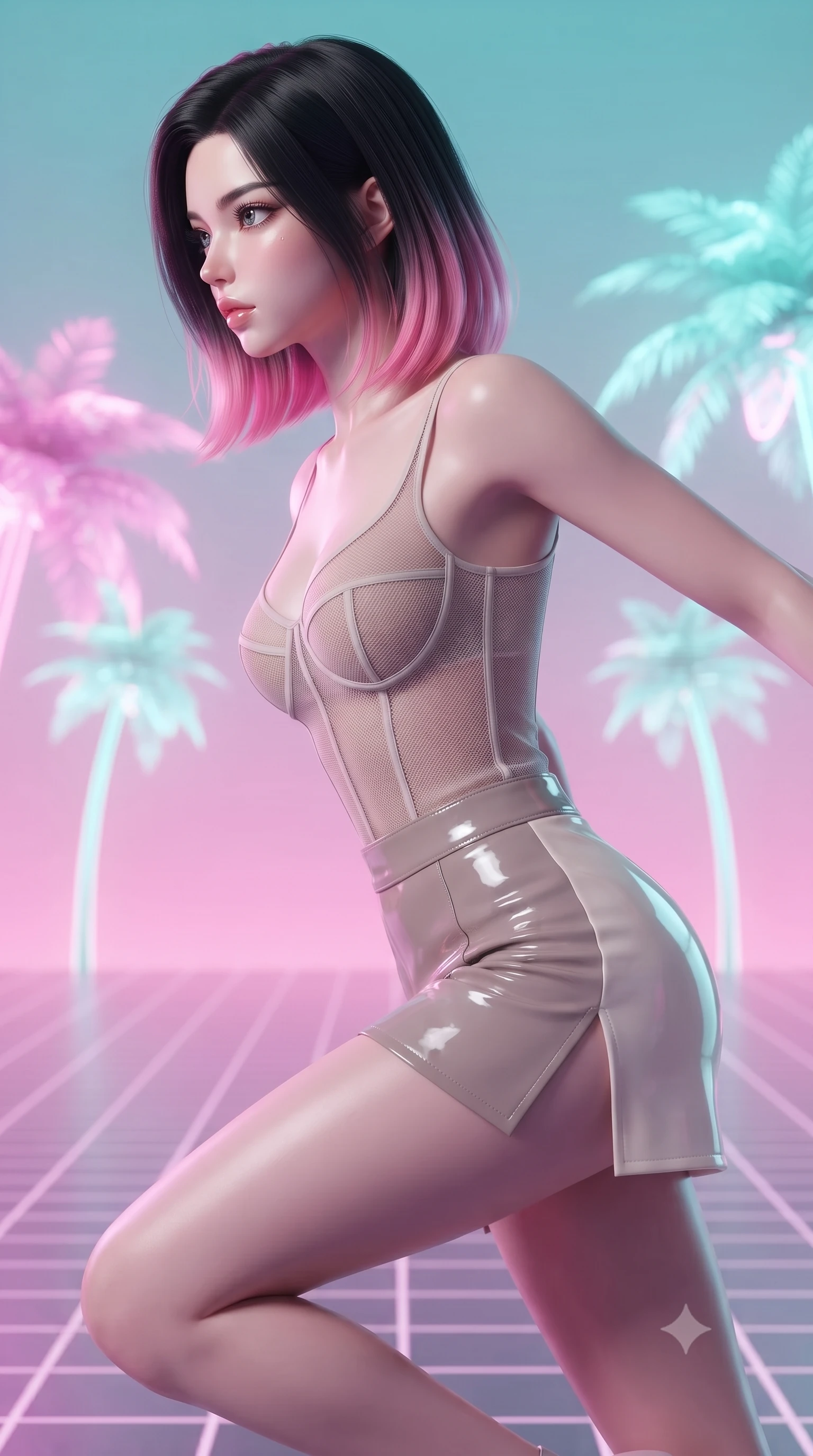 score_9, masterpiece, best quality, ultra-detailed, high-budget anime keyframe, editorial fashion photography, tasteful artistic composition, Korean woman. close-up cowboy shot from the waist and thighs up, the character dominates the composition, filling the frame with her large presence, background elements kept in soft focus. Turning her face in sharp profile while her upper body leans forward with poised athletic grace while leaping across a synthwave grid floor surrounded by lo-fi pink neon palm trees, pastel pink and turquoise gradients creating a nostalgic 80s aesthetic. She has an exceptionally elegant, slender, and willowy female figure with an ultra-slim waist, a gracefully sculpted slender torso, and a refined silhouette. sharp v-shaped jawline, high-bridge nose, intricate jewel-like eyes with depth, thick eyelashes, glossy lips with a natural sheen, flawlessly proportioned anatomical accuracy, natural body alignment, perfectly sculpted elegant limbs, clean dynamic posture without body distortion. wearing a delicate see-through mesh top with structured cup boning and micro-shorts in muted taupe and soft ivory, tailored from high-gloss patent leather, finished with a sleek side slit ascending to mid-thigh, the glove-like fit emphasizing her statuesque silhouette during motion. bathed in soft pastel pink and turquoise neon glow with glossy chrome reflections. ultra-reflective glossy finish, specular highlights, metallic sheen, high-contrast stereoscopic depth, volumetric dynamic lighting, 2k, ultra detail, master piece, 9:16 ratio