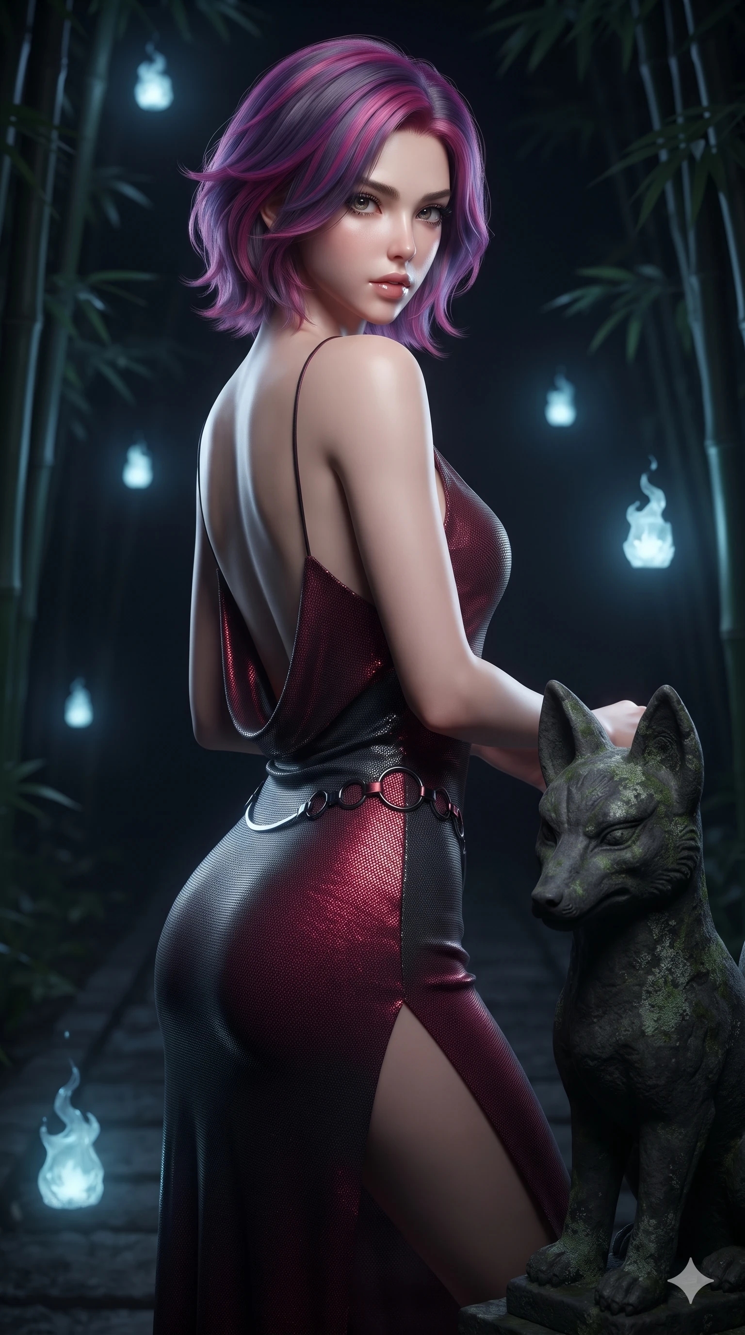 score_9, masterpiece, best quality, ultra-detailed, high-budget anime keyframe, editorial fashion photography, tasteful artistic composition, Caucasian woman. close-up cowboy shot from the waist and thighs up, the character dominates the composition, filling the frame with her large presence. posing in an alluring rear three-quarter angle, turning over a bare shoulder with an intoxicating, smoldering gaze while resting near a dark stone fox statue illuminated by floating spirit lanterns, shadowy bamboo stalks framing the dark path in soft focus. The surrounding environment is rendered in vivid detail and crisp panoramic clarity: sharp carved stone fox facial contours, green lichen textures, and slender black bamboo node rings in deep focus. She has an exceptionally elegant, slender, and willowy female figure with an ultra-slim waist, flat toned midriff, narrow ribcage, and sculpted feminine hips creating an alluring, slim hourglass silhouette without bulk. sharp v-shaped jawline, high-bridge nose, intricate jewel-like dark sparkling eyes with hypnotic seductive depth, thick curled eyelashes, glossy parted lips with a natural wine sheen, alluring bedroom-eyes with an enigmatic smoldering smile, exuding magnetic sovereign charisma and dark avant-garde glamour, flawlessly proportioned anatomical accuracy, strict slender model proportions, natural body alignment, perfectly sculpted long slender limbs, ultra-slim waistline, clean dynamic posture without body distortion. wearing a form-contouring gossamer silk chiffon slip dress with hip-high slit and open cowl back clinging with mist in deep crimson burgundy and matte charcoal, crafted from stretch micro-mesh with metallic foil coating that shimmers in the laser light, trimmed with dark chrome ring hardware along the waist contours, the high-slit wrap tailoring accentuating her ultra-slim waistline and the enchanting curve of her feminine hips with alluring seductive charm. surrounded by a mysterious dark spiritual aura with sharp edge lighting and pale blue floating spirit fires. ultra-reflective glossy finish, specular highlights, metallic sheen, high-contrast stereoscopic depth, volumetric dynamic lighting, 2k, ultra detail, master piece, 9:16 ratio