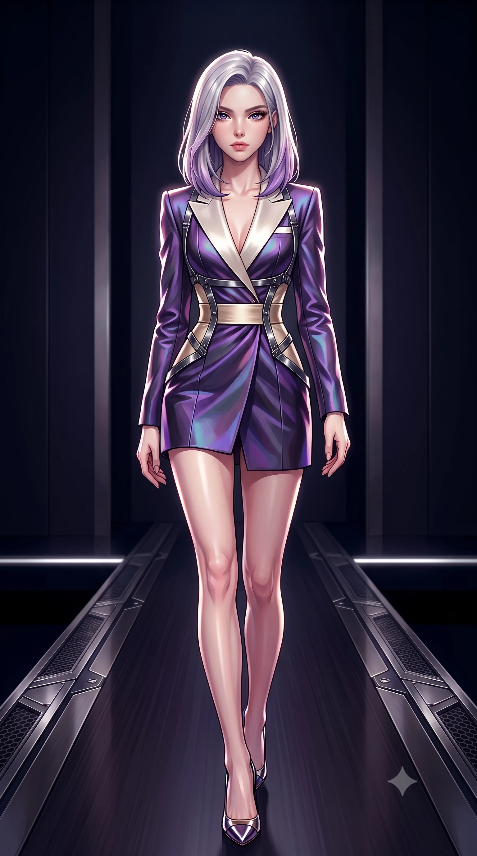 score_9, masterpiece, best quality, ultra-detailed, high-budget anime keyframe, editorial fashion photography, tasteful artistic composition, Caucasian woman. low angle full-body shot from head to toe showing her feet, filling the entire 9:16 vertical frame with her statuesque presence, stretching her vertical silhouette. navigating the private sanctuary with an effortless, graceful stride, walking along a dark polished runway lined with dark titanium accents, sharp v-shaped jawline and glossy lips accentuated by side rim rays. She has an absolutely perfect, statuesque 8.5-heads proportion, an exceptionally tall and slender model-like female figure with impossibly long slender legs and an ultra-slim waist. sharp v-shaped jawline, high-bridge nose, intricate jewel-like eyes with depth, thick eyelashes, glossy lips with a natural sheen. wearing tailored ivory tux dress with satin lapels and fitted waist in champagne gold, made of iridescent dark violet taffeta, highlighted by a gunmetal metallic harness structure, the fitted fabric emphasizing her ultra-slim waist. illuminated by high-contrast studio key light creating intense specular highlights on latex. highly saturated vibrant anime colors, detailed shading with soft gradients, rich glossy textures, high-contrast stereoscopic depth, volumetric dynamic lighting, master piece, 9:16 ratio
