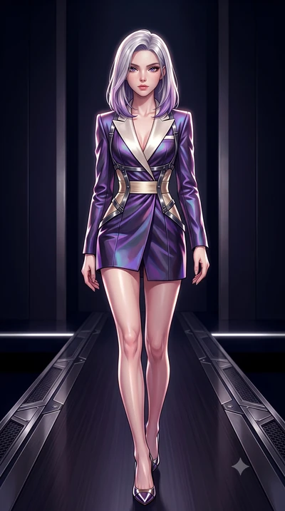 score_9, masterpiece, best quality, ultra-detailed, high-budget anime keyframe, editorial fashion photography, tasteful artistic composition, Caucasian woman. low angle full-body shot from head to toe showing her feet, filling the entire 9:16 vertica