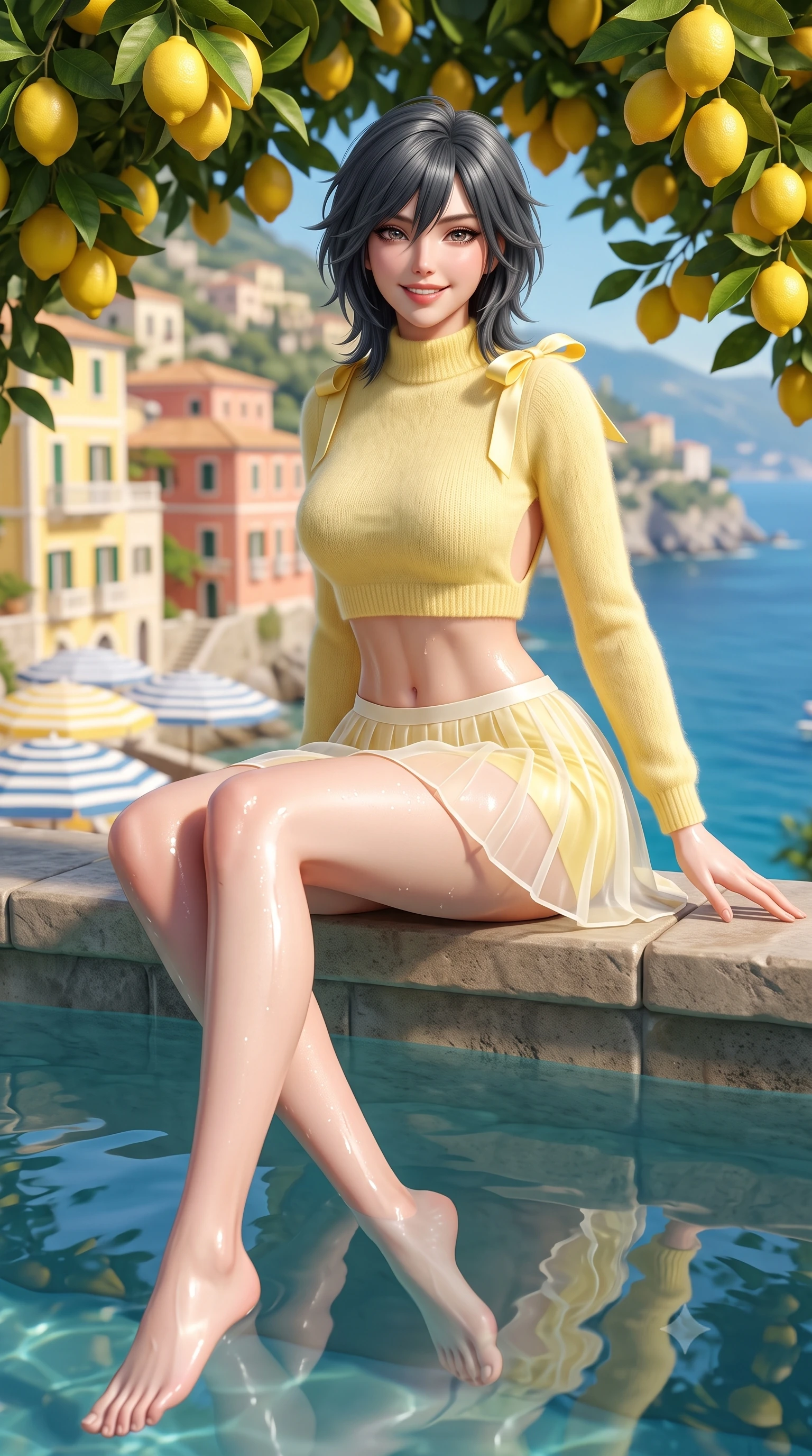 score_9, masterpiece, best quality, ultra-detailed, high-budget anime keyframe, semi-realistic 3D game render, editorial fashion photography, tasteful artistic composition, Caucasian woman. low angle full-body shot from head to toe showing her feet, filling the entire 9:16 vertical frame with her statuesque presence, stretching her vertical silhouette. sitting perched on the elevated edge with legs crossed and hips angled toward the camera, displaying her toned midriff and long slender limbs with a joyful, coquettish smile while sitting on the edge of a cliffside mineral plunge pool shaded by fragrant lemon trees, arching her back with a radiant cute smile and wet hips. The composition keeps background elements in soft focus with dreamy creamy bokeh. cascading pastel yellow and coral cliffside villas, striped beach umbrellas, and azure sea blurred into lemon-yellow, peach, and sapphire bokeh. She has an exceptionally tall and slender model-like 8.5-heads proportion, an ultra-slim waist, a flat toned midriff, narrow delicate ribcage, and beautifully sculpted feminine hips creating a graceful, slim hourglass silhouette without any bulky heaviness, with impossibly long slender legs. sharp v-shaped jawline, high-bridge nose, intricate jewel-like sparkling eyes with depth, thick eyelashes, glossy parted lips with a natural peach sheen, bright cheerful beaming smile with an enchanting and coquettish sensual glint, exuding both youthful cute charm and seductive allure, flawlessly proportioned anatomical accuracy, strict slender model proportions, natural body alignment, perfectly sculpted long slender limbs, ultra-slim waistline, clean dynamic posture without body distortion. wearing a soft angora crop knit sweater with a sheer pleated organza mini skirt over an opaque silk slip in bright butter yellow and fresh cream white, crafted from liquid-tight stretch jersey emphasizing every curve, finished with cute satin bow ribbons tying at the shoulders, the precision-cut side openings and low-back scoop framing her graceful spine and the sensual sweep of her slim, toned hips. illuminated by intense pool water specular reflections sharply defining her razor-sharp jawline, narrow waist, and curvy hips. highly saturated vibrant anime colors, detailed shading with soft gradients, rich glossy textures, high-contrast stereoscopic depth, volumetric dynamic lighting, master piece, 9:16 ratio