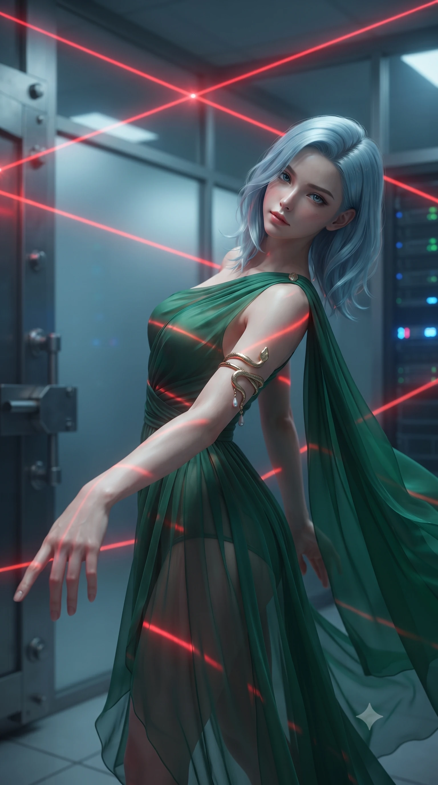 score_9, masterpiece, best quality, ultra-detailed, high-budget anime keyframe, editorial fashion photography, tasteful artistic composition, Korean woman. close-up cowboy shot from the waist and thighs up, the character dominates the composition, filling the frame with her large presence. extending one slender arm gracefully toward the foreground while casting an affectionate, mesmerizing glance while navigating a high-security mainframe server vault, contorting her slender athletic body in a flawless gymnastic evasion beneath glowing red laser grids. The composition keeps background elements in soft focus with creamy bokeh. heavy vault door locking bolts and frosted glass partition walls softened in moody shallow depth of field. She has an exceptionally elegant, slender, and willowy female figure with an ultra-slim waist, a gracefully sculpted slender torso, toned flat midriff, and a refined slim silhouette. sharp v-shaped jawline, high-bridge nose, intricate jewel-like eyes with depth, thick eyelashes, glossy lips with a natural sheen, captivating and magnetic expression, flawlessly proportioned anatomical accuracy, strict slender model proportions, natural body alignment, perfectly sculpted long slender limbs, ultra-slim waistline, clean dynamic posture without body distortion. wearing an ethereal emerald-green silk chiffon gown with an asymmetric shoulder drape and sheer layered skirt in deep emerald green and bronze, woven from airy multi-layered silk chiffon with a weightless drape, accented with a sculptured gold serpent armlet and pearl drops, the sleek tailored cut tightly hugging her graceful clavicle, narrow waist, and feminine curves with statuesque precision. bathed in dramatic intersecting red laser beam illumination and cool blue server indicator glow. ultra-reflective glossy finish, specular highlights, rich textural contrasts, high-contrast stereoscopic depth, volumetric dynamic lighting, 2k, ultra detail, master piece, 9:16 ratio