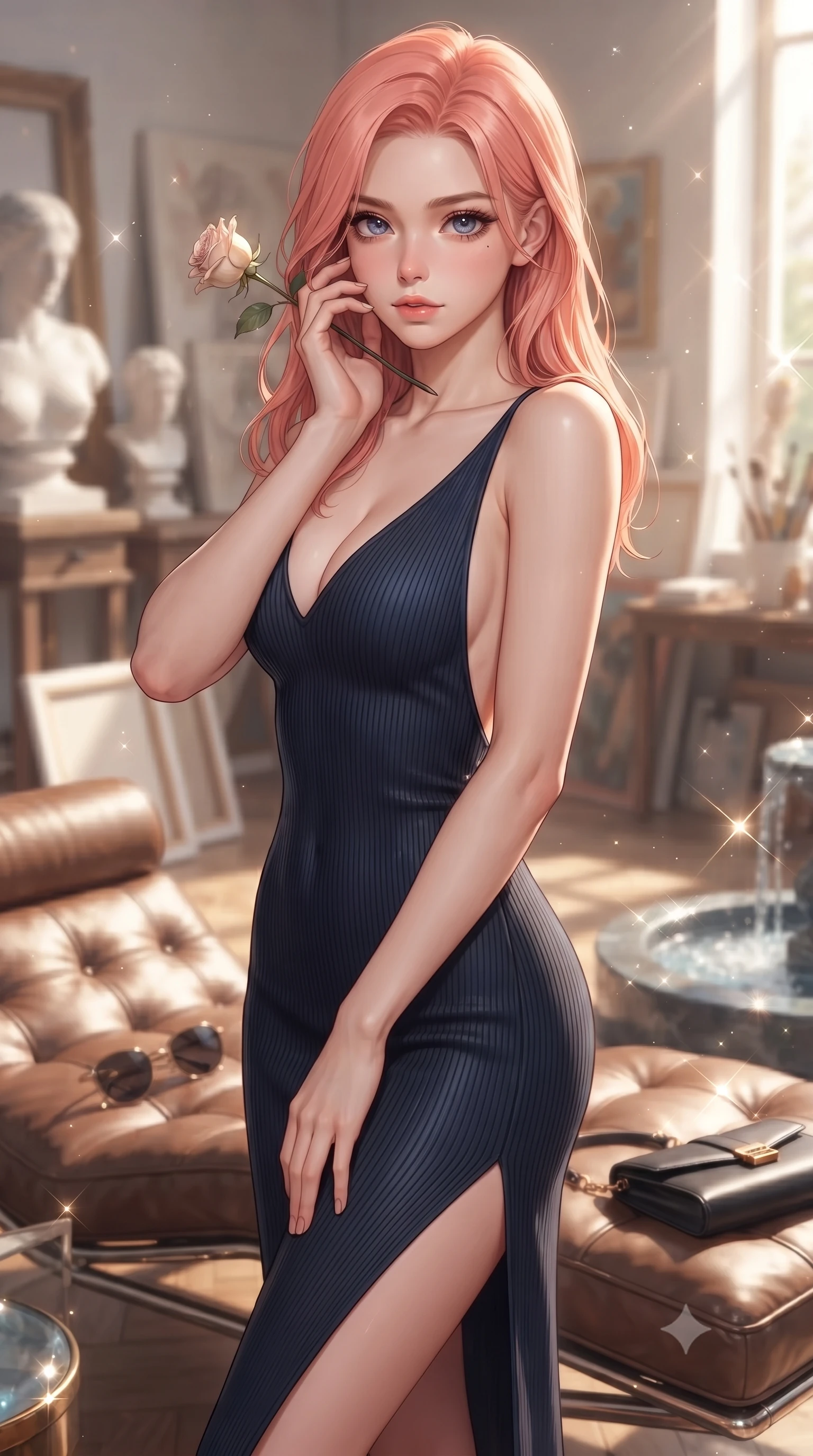 score_9, masterpiece, best quality, ultra-detailed, high-budget anime keyframe, editorial fashion photography, tasteful artistic composition, Japanese woman. close-up cowboy shot from the waist and thighs up, the character dominates the composition, filling the frame with her large presence, background elements kept in soft focus. gasping softly with a charming expression, holding a rose stem near her cheek with a magnetic stare set against a soft-focus background of inside an exclusive art atelier with a pair of designer sunglasses and a sleek leather clutch bag on the lounger. She has an exceptionally elegant, slender, and willowy female figure with an ultra-slim waist, a gracefully sculpted slender torso, and a refined silhouette. sharp v-shaped jawline, high-bridge nose, intricate jewel-like eyes with depth, thick eyelashes, glossy lips with a natural sheen. wearing tailored midnight navy ribbed cashmere open-back silk slip dress featuring a deep V-neckline and a leg-lengthening side slit featuring refined tailored seams. lit by crisp morning sun rays creating sparkling glints on polished glass and water. ultra-reflective glossy finish, specular highlights, metallic sheen, high-contrast stereoscopic depth, volumetric dynamic lighting, 2k, ultra detail, master piece, 9:16 ratio