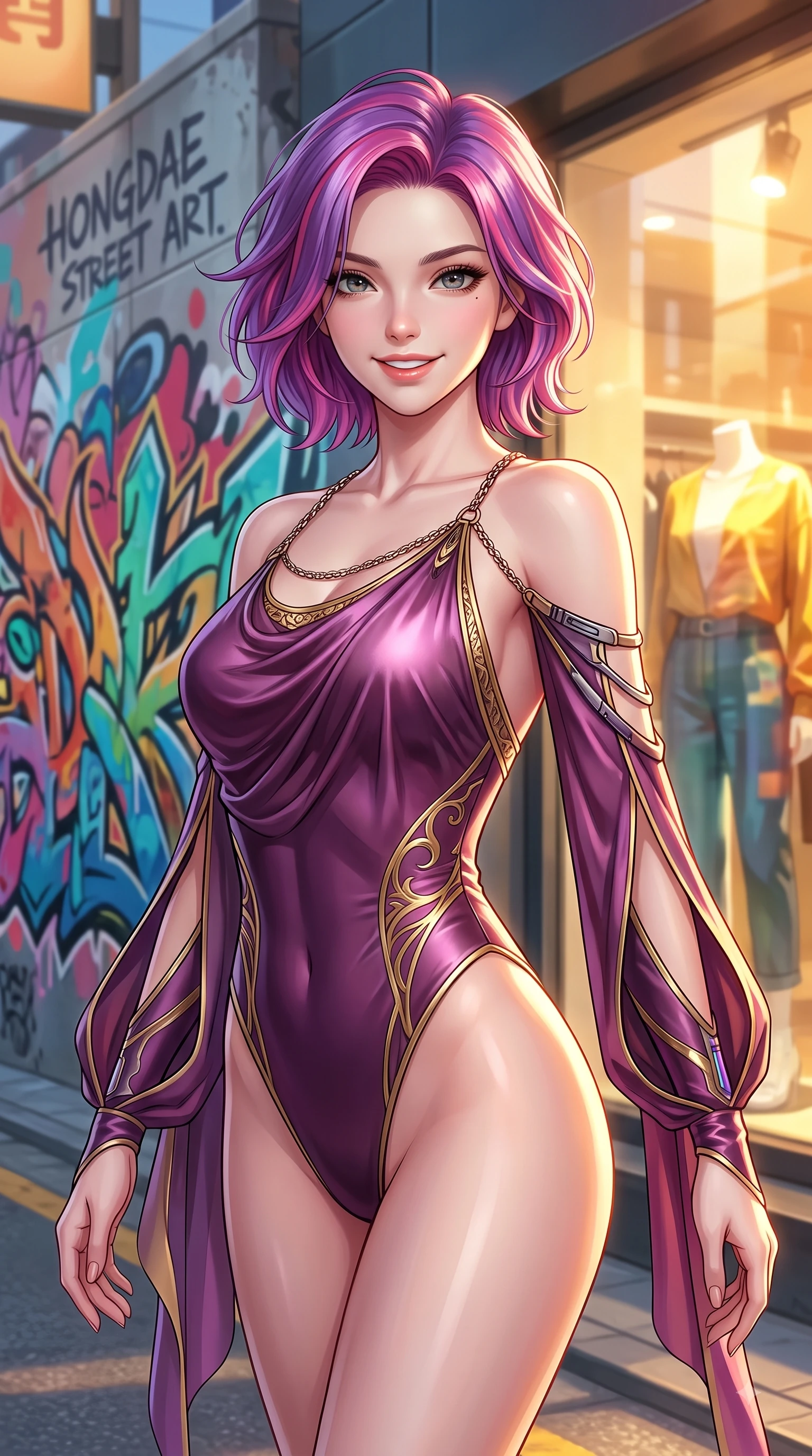 score_9, masterpiece, best quality, ultra-detailed, high-budget anime keyframe, editorial fashion photography, tasteful artistic composition, Caucasian woman. close-up cowboy shot from the waist and thighs up, the character dominates the composition, filling the frame with her large presence, background elements kept in soft focus. Youthful bright smile exuding pure cute charm and fresh energy, her torso turning dynamically into the lens while poised gracefully in front of a colorful graffiti wall on Hongdae fashion street at golden hour, trendy fashion window displays reflecting golden afternoon sunlight vividly. She has an exceptionally elegant, slender, and willowy female figure with an ultra-slim waist, a gracefully sculpted slender torso, and a refined silhouette. sharp v-shaped jawline, high-bridge nose, intricate jewel-like eyes with depth, thick eyelashes, glossy lips with a natural sheen, flawlessly proportioned anatomical accuracy, natural body alignment, perfectly sculpted elegant limbs, clean dynamic posture without body distortion. wearing an asymmetrical high-cut tech-bodysuit with detached sleeves in plum purple and gold filigree, crafted from lustrous satin jersey with fluid draping, adorned with delicate metallic chain straps along the neckline, the sleek second-skin texture accentuating her magnetic presence. bathed in bright golden hour sunshine and warm urban ambient illumination. highly saturated vibrant anime colors, detailed shading with soft gradients, rich glossy textures, high-contrast stereoscopic depth, volumetric dynamic lighting, master piece, 9:16 ratio