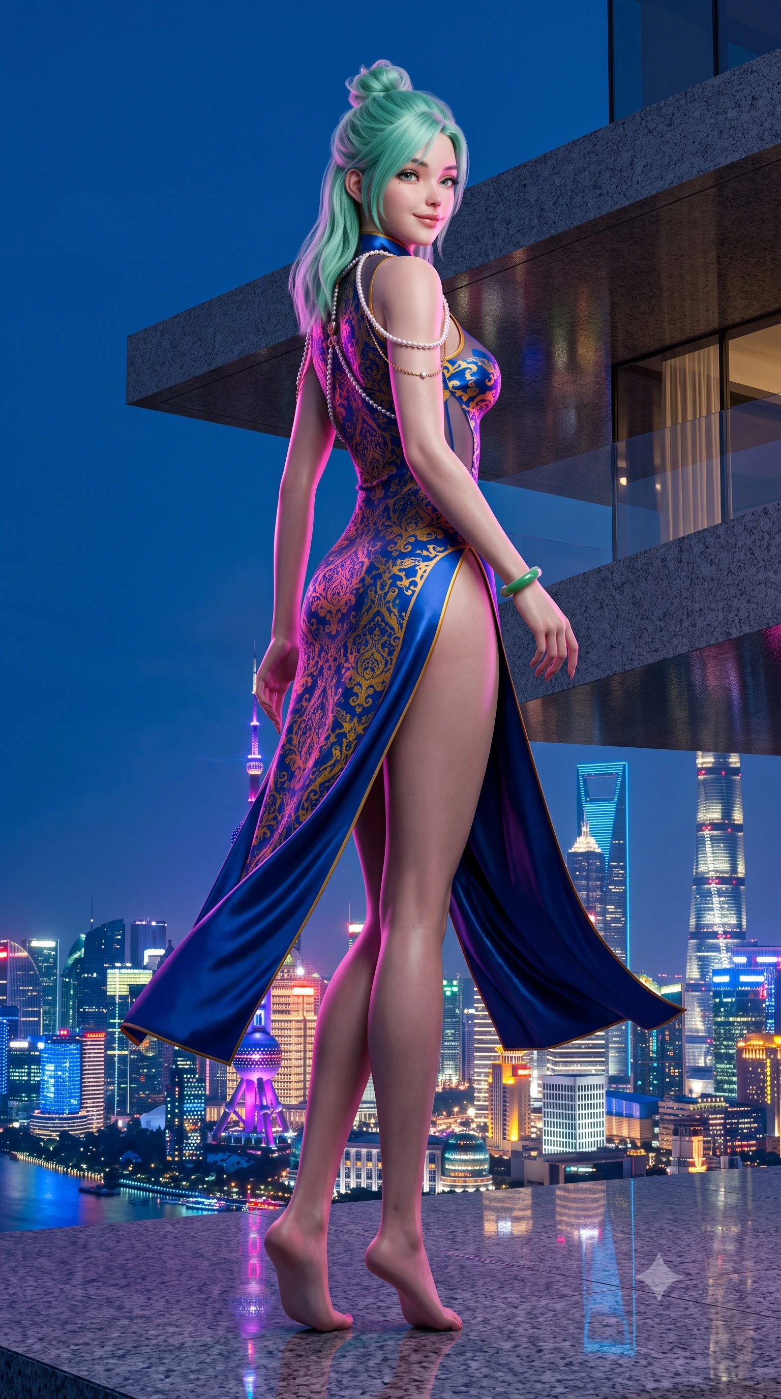 score_9, masterpiece, best quality, ultra-detailed, high-budget anime keyframe, semi-realistic 3D game render, editorial fashion photography, tasteful artistic composition, Japanese woman. low angle full-body shot from head to toe showing her feet, filling the entire 9:16 vertical frame with her statuesque presence, stretching her vertical silhouette. executing a slow, graceful pivot turn as her skirt sways around her slender legs, glancing back with an enchanting, teasing sensual expression while standing tall on the cantilevered granite terrace high above the Bund, arching her back with breathless siren glamour as the futuristic Pudong skyline blazes across the river. The surrounding environment is rendered in vivid detail and crisp panoramic clarity: detailed modern cheongsam-cut sheer mesh dress with high mandarin collar and daring hip-high double slits, jade bracelet gleam, and penthouse engineering in razor-sharp precision. She has an absolutely perfect, statuesque 8.5-heads proportion, an exceptionally tall and slender model-like female figure with impossibly long slender legs, an ultra-slim waist, a flat toned midriff, narrow delicate ribcage, and beautifully sculpted feminine hips creating a graceful, slim hourglass silhouette without any bulky heaviness. sharp v-shaped jawline, high-bridge nose, sparkling eyes with hypnotic seductive depth, thick curled eyelashes, glossy parted lips with a natural dewy peach sheen, alluring bedroom-eyes with an enchanting coquettish smile, exuding magnetic siren charisma and sophisticated glamour, flawlessly proportioned anatomical accuracy, strict slender model proportions, natural body alignment, perfectly sculpted long slender limbs, ultra-slim waistline, clean dynamic posture without body distortion. wearing a plunging cowl-neck liquid silk satin sarong slip dress with daring hip-high double slits and pearl shoulder straps in Marrakesh cobalt majorelle blue and saffron gold, crafted from fluid liquid silk satin that clings smoothly to every curve with a dewy sheen, accented with a pearl-drop body harness subtly framing her dewy collarbones and spine, the form-contouring silhouette accentuating her sculpted flat midriff, narrow delicate ribcage, and gracefully curvy hips with intoxicating allure. illuminated by polished granite reflection fill and sharp electric-magenta rim lights sculpting her razor-sharp jawline, narrow waist, and curvy hips. highly saturated vibrant anime colors, detailed shading with soft gradients, rich glossy textures, high-contrast stereoscopic depth, volumetric dynamic lighting, master piece, 9:16 ratio