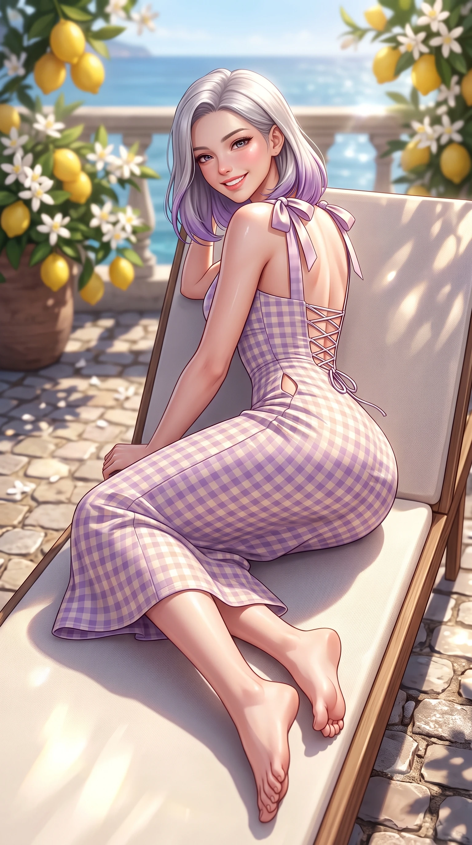 score_9, masterpiece, best quality, ultra-detailed, high-budget anime keyframe, semi-realistic 3D game render, editorial fashion photography, tasteful artistic composition, Caucasian woman. low angle full-body shot from head to toe showing her feet, filling the entire 9:16 vertical frame with her statuesque presence, stretching her vertical silhouette. reclining languidly on her side across the sunbed with one knee drawn up, her radiant smile and arched hip curve commanding the 9:16 vertical frame with youthful sensual charisma while standing poised on the sun-dappled cobblestone terrace, twisting her slender torso in an alluring contrapposto stance in the warm sea breeze. The composition keeps background elements in soft focus with dreamy creamy bokeh. clustering yellow lemons and fragrant white blossoms softened in romantic Italian shallow focus. She has an exceptionally tall and slender model-like 8.5-heads proportion, an ultra-slim waist, a flat toned midriff, narrow delicate ribcage, and beautifully sculpted feminine hips creating a graceful, slim hourglass silhouette without any bulky heaviness, with impossibly long slender legs. sharp v-shaped jawline, high-bridge nose, intricate jewel-like sparkling eyes with depth, thick eyelashes, glossy parted lips with a natural peach sheen, bright cheerful beaming smile with an enchanting and coquettish sensual glint, exuding both youthful cute charm and seductive allure, flawlessly proportioned anatomical accuracy, strict slender model proportions, natural body alignment, perfectly sculpted long slender limbs, ultra-slim waistline, clean dynamic posture without body distortion. wearing a backless lace-up gingham sundress with a form-fitting bodice and hip-defining silhouette in soft lilac and champagne shimmer, tailored from crisp cotton poplin with clean structural lines, finished with cute satin bow ribbons tying at the shoulders, the precision-cut side openings and low-back scoop framing her graceful spine and the sensual sweep of her slim, toned hips. illuminated by intense specular sea surface glints defining her sculpted collarbones, narrow waist, and curvy hips. highly saturated vibrant anime colors, detailed shading with soft gradients, rich glossy textures, high-contrast stereoscopic depth, volumetric dynamic lighting, master piece, 9:16 ratio