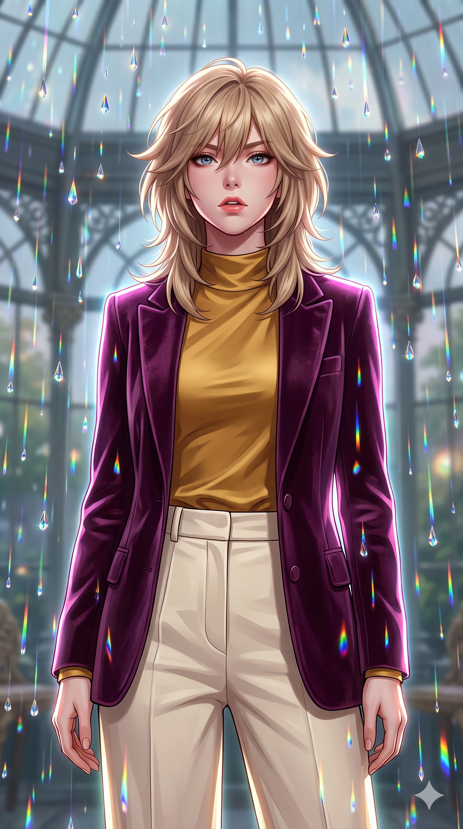 score_9, masterpiece, best quality, ultra-detailed, high-budget anime keyframe, editorial fashion photography, tasteful artistic composition, Japanese woman. close-up cowboy shot from the waist and thighs up, the character dominates the composition, filling the frame with her large presence, background elements kept in soft focus. Looking directly at the camera with a bold fearless expression and parted lips. set against a soft-focus background of a glass pavilion where crystallized rainbow rain falls in extreme slow motion each droplet a tiny perfect prism refracting light into individual spectral beams as it descends through the still air. She has an exceptionally elegant and slender, willowy female figure with an ultra-slim waist, a gracefully sculpted slender torso, and a refined slim physique. sharp v-shaped jawline, high-bridge nose, intricate jewel-like eyes with depth, thick eyelashes, glossy lips with a natural sheen. wearing a luxurious plum velvet blazer over a golden mustard satin mock-neck top and cream tailored wide-leg trousers. brilliant cinematic volumetric lighting with intense neon rim light outlining her form. 2k, ultra detail, master piece, 9:16 ratio