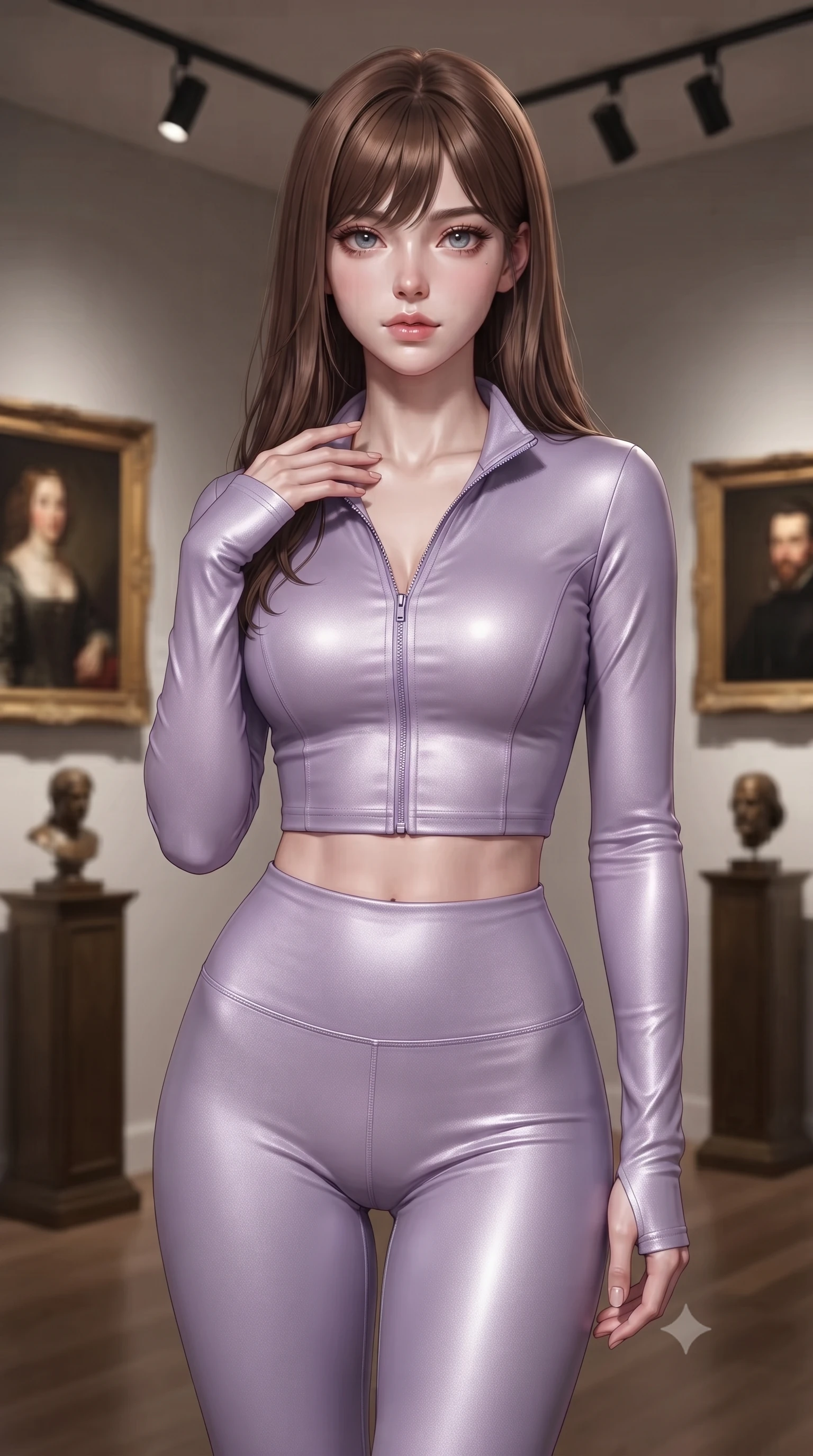 score_9, masterpiece, best quality, ultra-detailed, high-budget anime keyframe, editorial fashion photography, tasteful artistic composition, Korean woman. close-up cowboy shot from the waist and thighs up, the character dominates the composition, filling the frame with her large presence, background elements kept in soft focus. standing with one hand resting on her collarbone, looking at the viewer with bedroom-eyes the background shows a soft-focus a private art collector's gallery with framed oil portraits and bronze pedestals. She has an exceptionally elegant, slender, and willowy female figure with an ultra-slim waist, a gracefully sculpted slender torso, and a refined silhouette. sharp v-shaped jawline, high-bridge nose, intricate jewel-like eyes with depth, thick eyelashes, glossy lips with a natural sheen. wearing a slim-fit body-hugging activewear set of a tailored zip-up long-sleeve crop top and matching high-waisted leggings in soft lavender. directional track lighting highlighting subtle fabric textures. ultra-reflective glossy finish, specular highlights, metallic sheen, high-contrast stereoscopic depth, volumetric dynamic lighting, 2k, ultra detail, master piece, 9:16 ratio