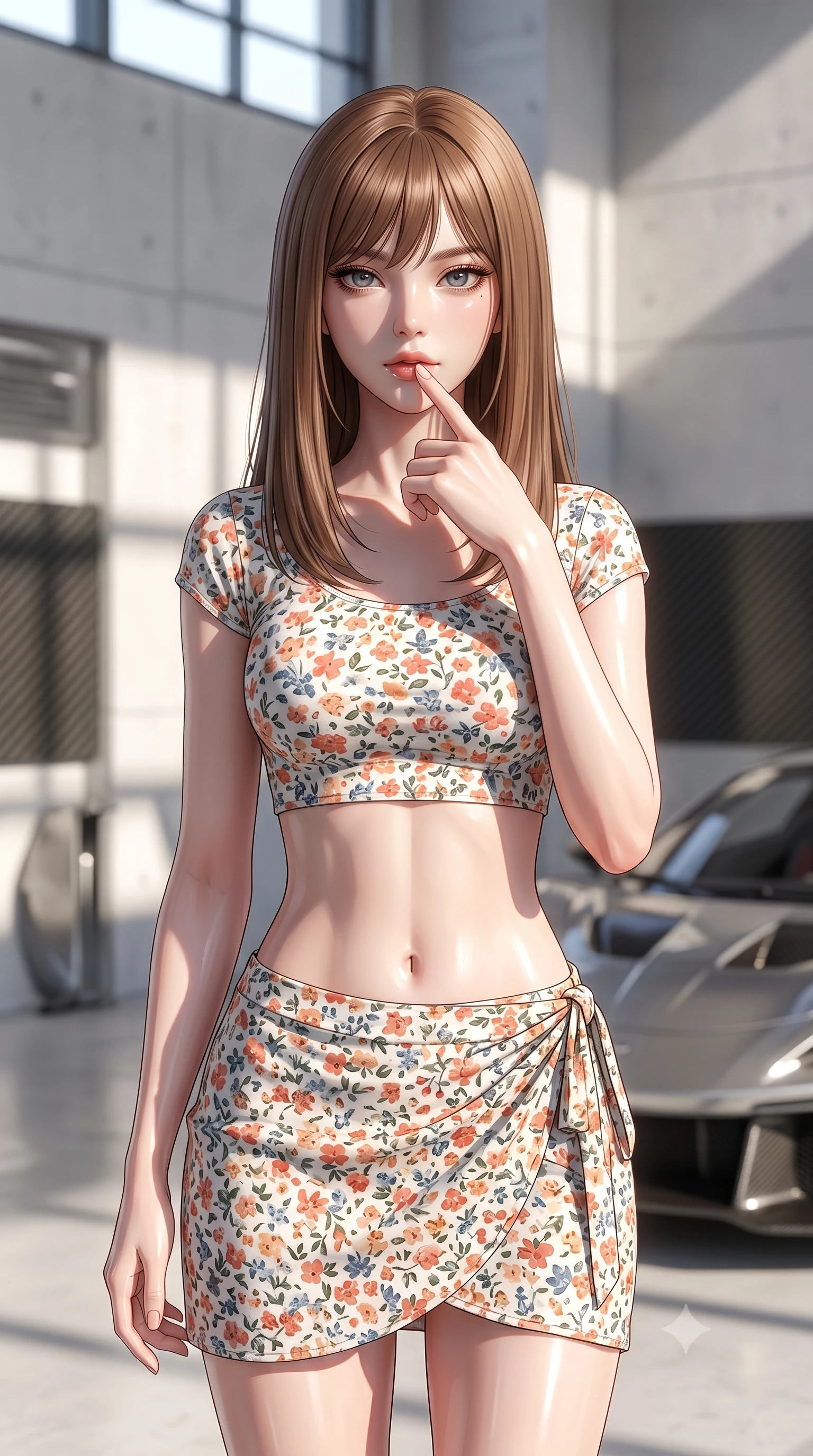score_9, masterpiece, best quality, ultra-detailed, high-budget anime keyframe, editorial fashion photography, tasteful artistic composition, Korean woman. close-up cowboy shot from the waist and thighs up, the character dominates the composition, filling the frame with her large presence, background elements kept in soft focus. pressing one finger to her bottom lip in a thoughtful, seductive gesture under the warm sun the background shows a soft-focus a clean minimalist garage with white concrete walls and carbon fiber panels. She has an exceptionally elegant, slender, and willowy female figure with an ultra-slim waist, a gracefully sculpted slender torso, and a refined silhouette. sharp v-shaped jawline, high-bridge nose, intricate jewel-like eyes with depth, thick eyelashes, glossy lips with a natural sheen. wearing a form-contouring summer vacation crop top and wrap skirt set in floral print cotton, showing her slim waist. bright midday sun rays filtering through high windows, creating sharp geometric shadows. ultra-reflective glossy finish, specular highlights, metallic sheen, high-contrast stereoscopic depth, volumetric dynamic lighting, 2k, ultra detail, master piece, 9:16 ratio