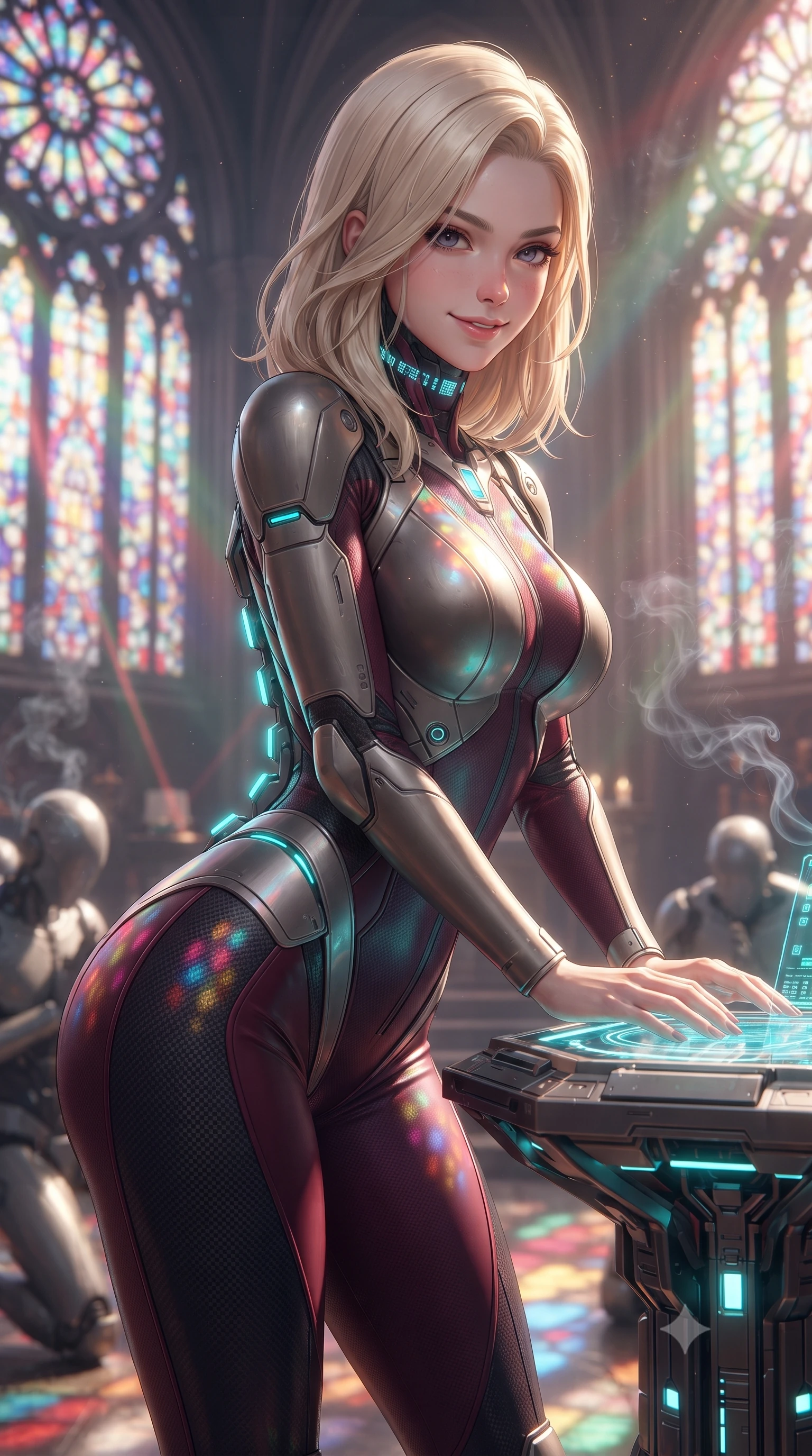 score_9, masterpiece, best quality, ultra-detailed, high-budget anime keyframe, editorial fashion photography, tasteful artistic composition, Caucasian woman. close-up cowboy shot from the waist and thighs up, the character dominates the composition, filling the frame with her large presence. resting both hands lightly on the holoscreen pedestal while leaning toward the lens with a teasing smirk, her tight combat suit hugging her narrow waist and feminine hip curve while twisting her slender torso in an alluring contrapposto stance, vertical laser organ pipes casting stained-glass light across her hips and waist. The background shows a soft-focus incense smoke curling through laser beams and kneeling drone acolytes softened in transcendent techno-religious shallow focus. She has an exceptionally elegant, slender, and willowy female figure with an ultra-slim waist, flat toned midriff, narrow ribcage, and sculpted feminine hips creating an alluring, slim hourglass silhouette without bulk. sharp v-shaped jawline, high-bridge nose, intricate jewel-like sparkling eyes with depth, thick eyelashes, glossy parted lips with a natural sheen, bright confident smile with an enchanting and coquettish sensual glint, exuding both youthful magnetic charm and sovereign high-tech allure, flawlessly proportioned anatomical accuracy, strict slender model proportions, natural body alignment, perfectly sculpted long slender limbs, ultra-slim waistline, clean dynamic posture without body distortion. wearing a form-contouring exo-suit chassis with glowing cyan hydraulic spine braces worn over an ultra-slim bodysuit in deep wine crimson and dark carbon weave, tailored from brushed aeronautical titanium alloy with matte satin sheen, complemented by a high-tech holographic choker projecting miniature glyphs, the liquid-tight tailored fabric clinging flawlessly to her narrow waist and rounded feminine hips, emphasizing every millimeter of her sculpted slim hourglass curves without any bulky heaviness. bathed in majestic stained-glass laser light cascading through towering digital rose windows. ultra-reflective glossy finish, specular highlights, rich textural contrasts, high-contrast stereoscopic depth, volumetric dynamic lighting, 2k, ultra detail, master piece, 9:16 ratio