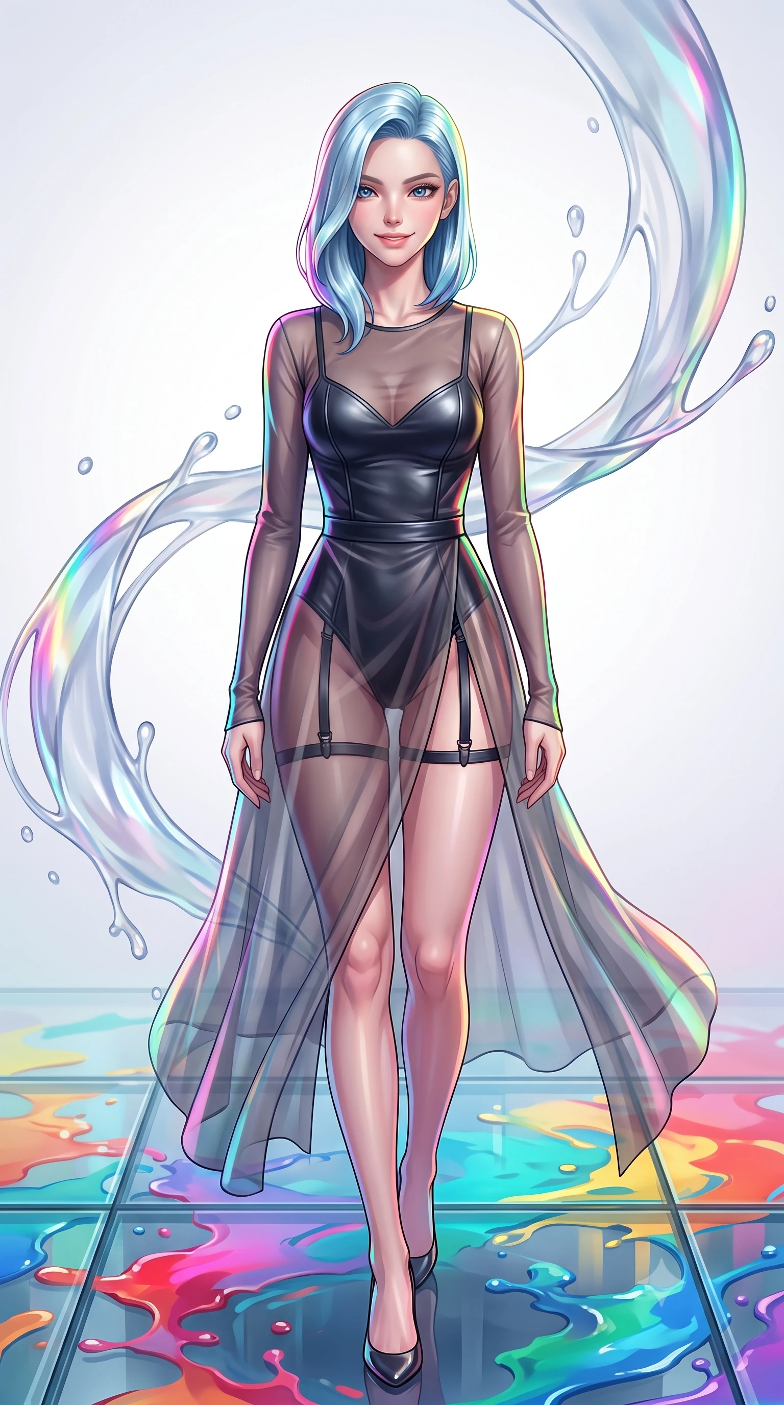 score_9, masterpiece, best quality, ultra-detailed, high-budget anime keyframe, editorial fashion photography, tasteful artistic composition, Korean woman. close-up cowboy shot from the waist and thighs up, the character dominates the composition, filling the frame with her large presence, background elements kept in soft focus. Smiling with quiet, magnetic self-assurance directly into the lens stepping across a reflective glass floor drenched in vibrant fluid splashes, translucent liquid acrylic trails creating dynamic motion paths. She has an exceptionally elegant, slender, and willowy female figure with an ultra-slim waist, a gracefully sculpted slender torso, and a refined silhouette. sharp v-shaped jawline, high-bridge nose, intricate jewel-like eyes with depth, thick eyelashes, glossy lips with a natural sheen. wearing a semi-opaque sheer overlay dress over a sleek leather micro-bodysuit with garter details, the sleek second-skin texture accentuating her magnetic presence. drenched in bright white key light with colorful prismatic rim lighting. highly saturated vibrant anime colors, detailed shading with soft gradients, rich glossy textures, high-contrast stereoscopic depth, volumetric dynamic lighting, master piece, 9:16 ratio