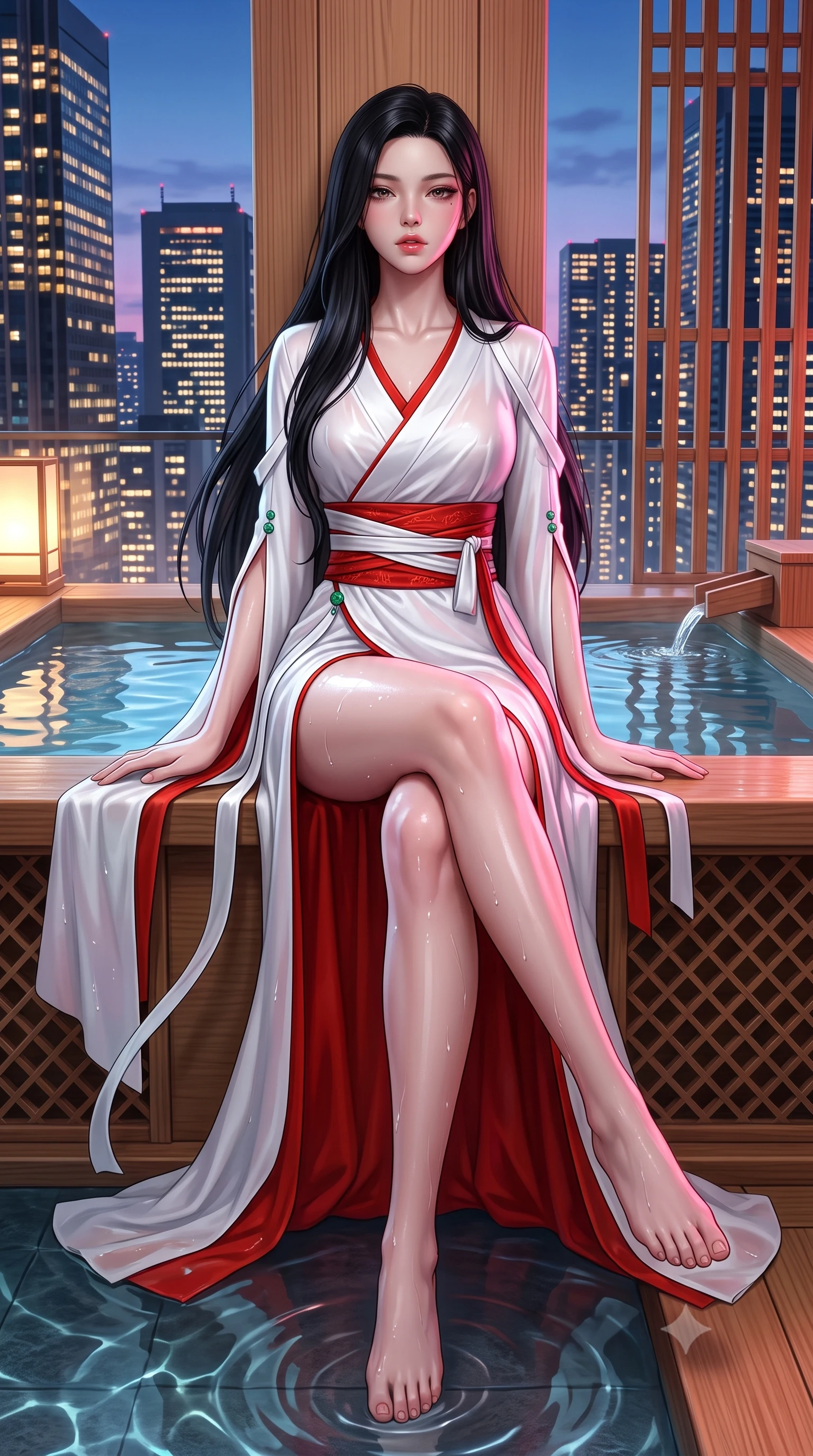 score_9, masterpiece, best quality, ultra-detailed, high-budget anime keyframe, semi-realistic 3D game render, editorial fashion photography, tasteful artistic composition, Korean woman. low angle full-body shot from head to toe showing her feet, filling the entire 9:16 vertical frame with her statuesque presence, stretching her vertical silhouette. sitting perched on the elevated ledge with hips angled toward the camera and legs crossed, displaying her toned midriff and flawlessly sculpted slender limbs while leaning back against a cedar bath partition overlooking glowing Tokyo skyscrapers, parted glossy lips reflecting pink neon lights. The surrounding environment is rendered in vivid detail and crisp panoramic clarity. detailed mineral pool ripple caustics, cedar lattice work, and city skyscraper windows in high clarity. She has an absolutely perfect, statuesque 8.5-heads proportion, an exceptionally tall and slender model-like female figure with impossibly long slender legs, a toned flat midriff, an ultra-slim waist, and beautifully sculpted feminine hips. sharp v-shaped jawline, high-bridge nose, intricate jewel-like eyes with depth, thick eyelashes, glossy parted lips with a natural sheen, intensely captivating and seductive bedroom-eyes expression, flawlessly proportioned anatomical accuracy, strict slender model proportions, natural body alignment, perfectly sculpted long slender limbs, ultra-slim waistline, clean dynamic posture without body distortion. wearing a traditional-modern silk fusion wrap dress with asymmetric trailing sleeves and waist-cinching obi in pure snow white and vermilion red, tailored from smooth liquid silk satin adhering seamlessly to her wet skin, finished with genuine jade button closures and floating celestial silk ribbons, the dramatically scooped open back descending to the base of her spine, accentuating her razor-sharp statuesque lines and curvy hourglass silhouette. illuminated by wet specular reflections accentuating her sculpted collarbones, narrow waist, and curvy hips. highly saturated vibrant anime colors, detailed shading with soft gradients, rich glossy textures, high-contrast stereoscopic depth, volumetric dynamic lighting, master piece, 9:16 ratio