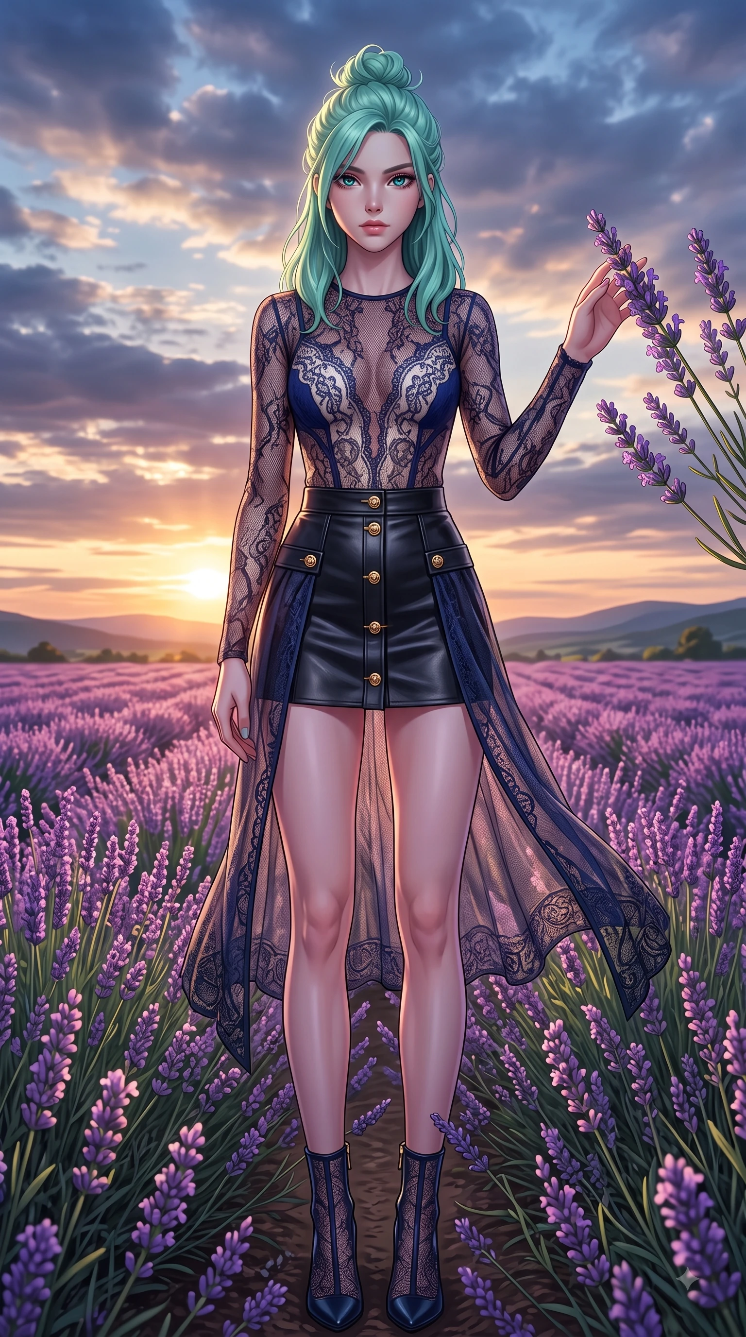 score_9, masterpiece, best quality, ultra-detailed, high-budget anime keyframe, editorial fashion photography, tasteful artistic composition, Japanese woman. low angle full-body shot from head to toe showing her feet, filling the entire 9:16 vertical frame with her statuesque presence, stretching her vertical silhouette. Statuesque haughty posture with a cool, sharp glance and composed high-fashion elegance while reaching out softly to touch flowering lavender stalks while looking into the camera lens. The surrounding environment is rendered in vivid detail and crisp panoramic clarity. intricate floral stem textures, dramatic sunset sky clouds, and distant rolling hills in deep focus. She has an absolutely perfect, statuesque 8.5-heads proportion, an exceptionally tall and slender model-like female figure with impossibly long slender legs and an ultra-slim waist. sharp v-shaped jawline, high-bridge nose, intricate jewel-like eyes with depth, thick eyelashes, glossy lips with a natural sheen, flawlessly proportioned anatomical accuracy, natural body alignment, perfectly sculpted elegant limbs, clean dynamic posture without body distortion. wearing a sheer dark lace pattern bodysuit over a structured black leather mini skirt in royal navy blue and pure ivory, crafted from soft breathable Italian linen, finished with gold metallic hardware buttons along the front, the fluid drape swaying gracefully with her dynamic editorial movement. illuminated by soft ambient lavender reflections and delicate rim highlights. highly saturated vibrant anime colors, detailed shading with soft gradients, rich glossy textures, high-contrast stereoscopic depth, volumetric dynamic lighting, master piece, 9:16 ratio
