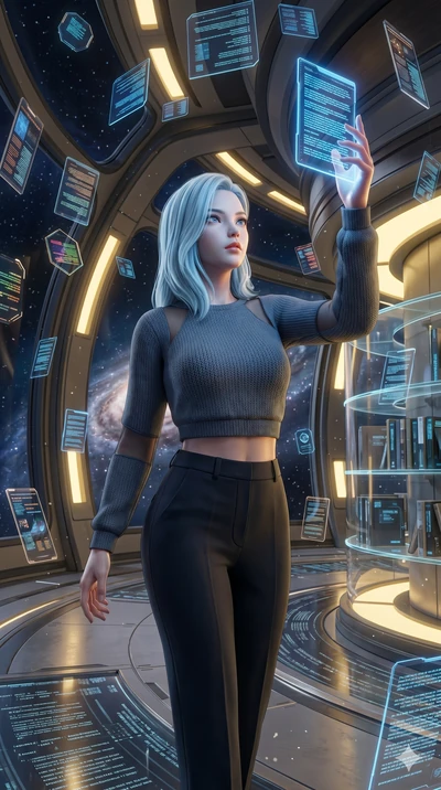 score_9, masterpiece, best quality, ultra-detailed, high-budget anime keyframe, semi-realistic 3D game render, Korean woman. Upper body close-up from the thighs up, character filling the screen for maximum presence. Inside an orbital library, surroun