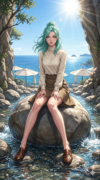 score_9, masterpiece, best quality, ultra-detailed, high-budget anime keyframe, editorial fashion photography, tasteful artistic composition, Japanese woman. low angle full-body shot from head to toe showing her feet, filling the entire 9:16 vertical