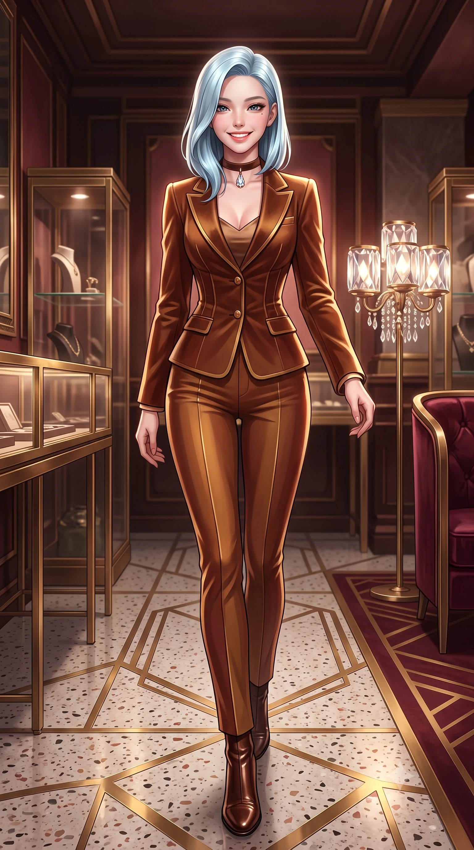 score_9, masterpiece, best quality, ultra-detailed, high-budget anime keyframe, semi-realistic 3D game render, editorial fashion photography, tasteful artistic composition, Korean woman. low angle full-body shot from head to toe showing her feet, filling the entire 9:16 vertical frame with her statuesque presence, stretching her vertical silhouette. stepping forward gracefully in mid-motion with a radiant beaming smile, hips swaying with supermodel rhythm as her vertical silhouette fills the frame while walking through the 1920s-inspired Ginza salon past brass-framed vitrines, turning with magnetic cosmopolitan charm. The surrounding environment is rendered in vivid detail and crisp panoramic clarity: sharp brass geometric inlay strips in terrazzo flooring, cut-crystal lamp shade facets, and velvet upholstery pile in deep focus. She has an exceptionally tall and slender model-like 8.5-heads proportion, an ultra-slim waist, a flat toned midriff, narrow delicate ribcage, and beautifully sculpted feminine hips creating a graceful, slim hourglass silhouette without any bulky heaviness, with impossibly long slender legs. sharp v-shaped jawline, high-bridge nose, intricate jewel-like sparkling eyes with depth, thick eyelashes, glossy parted lips with a natural peach sheen, bright cheerful beaming smile with an enchanting and coquettish sensual glint, exuding both youthful cute charm and seductive allure, flawlessly proportioned anatomical accuracy, strict slender model proportions, natural body alignment, perfectly sculpted long slender limbs, ultra-slim waistline, clean dynamic posture without body distortion. wearing a tailored corseted velvet blazer jacket worn closed over a tight-fitting silk camisole and sleek tailored cigarette pants in warm chestnut brown and burnished gold, tailored from form-contouring ribbed merino wool hugging her torso like a second skin, finished with a narrow velvet neck ribbon and a sparkling teardrop crystal pendant, the glove-like clinging cut tightly following the natural contour of her hips and long slender legs with youthful 8.5-heads elegance. illuminated by rosewood wall and brass reflection bounce with crisp champagne rim lights defining her cheekbones and slender waist. highly saturated vibrant anime colors, detailed shading with soft gradients, rich glossy textures, high-contrast stereoscopic depth, volumetric dynamic lighting, master piece, 9:16 ratio