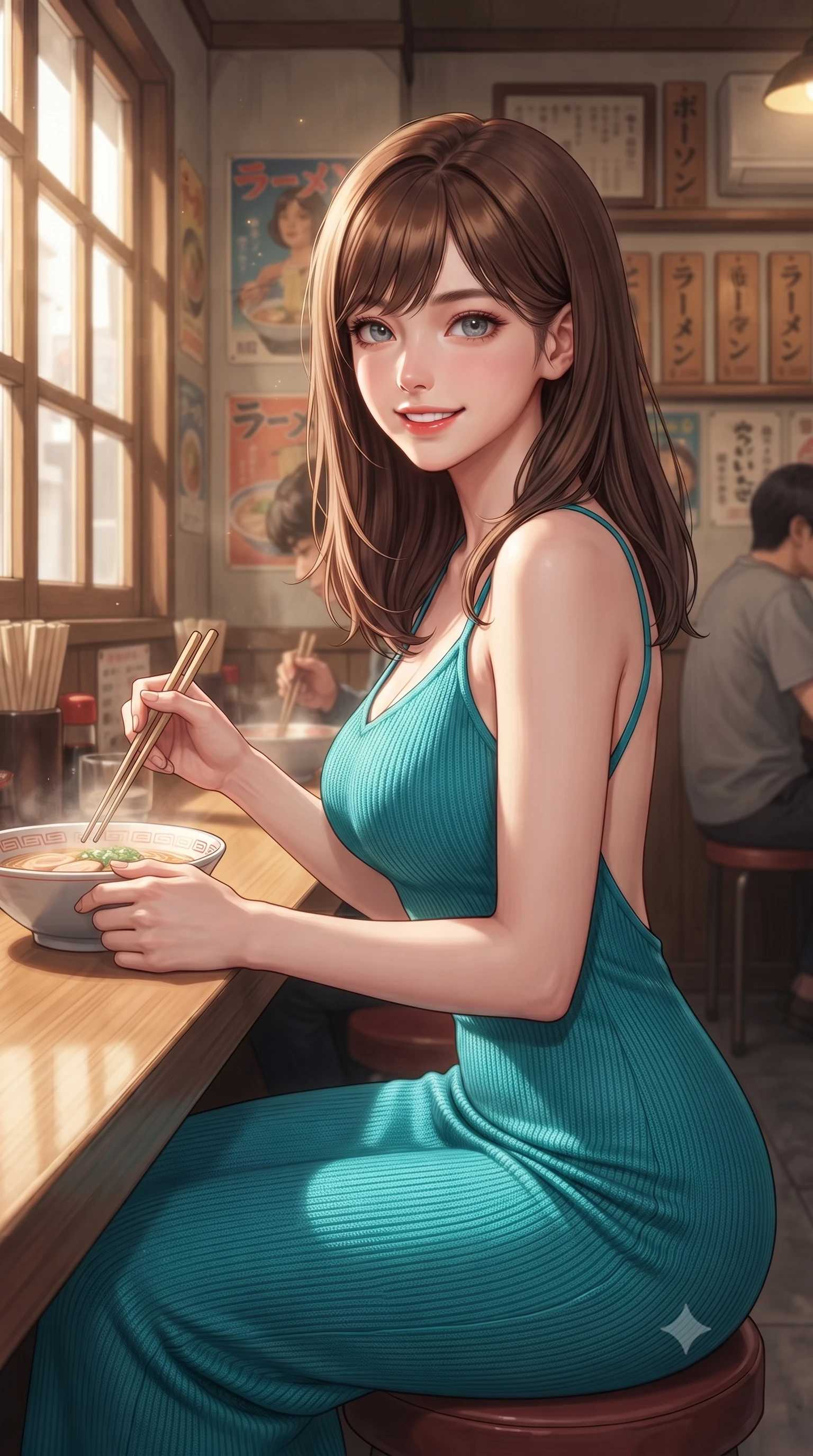 score_9, masterpiece, best quality, ultra-detailed, high-budget anime keyframe, editorial fashion photography, tasteful artistic composition, Korean woman. close-up cowboy shot from the waist and thighs up, the character dominates the composition, filling the frame with her large presence, background elements kept in soft focus. smiling with cute and bright self-assurance, looking directly at the viewer set against a soft-focus background of in a charming wooden-themed ramen shop with retro posters and a counter holding a pair of chopsticks with a cute, excited look before eating. She has an exceptionally elegant, slender, and willowy female figure with an ultra-slim waist, a gracefully sculpted slender torso, and a refined silhouette. sharp v-shaped jawline, high-bridge nose, intricate jewel-like eyes with depth, thick eyelashes, glossy lips with a natural sheen. wearing slim-fit body-hugging knit midi dress with a tasteful open-back design and thin straps. bright afternoon sunlight streaming through the large window pane. highly saturated vibrant anime colors, detailed shading with soft gradients, rich glossy textures, high-contrast stereoscopic depth, volumetric dynamic lighting, master piece, 9:16 ratio