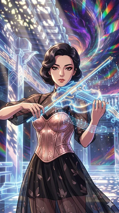 score_9, masterpiece, best quality, ultra-detailed, Set A: High-budget Anime Keyframe, Korean woman. Upper body close-up from the thighs up, character filling the screen for maximum presence. Theme: Abstract Cosmic. playing a holographic violin in a 