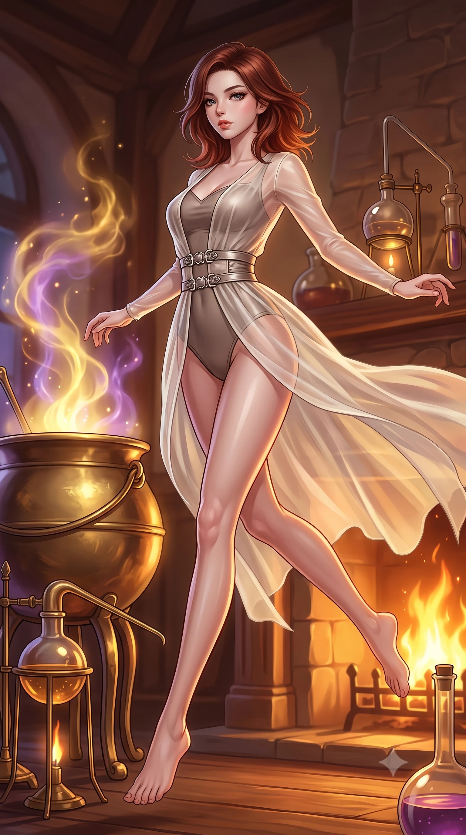 score_9, masterpiece, best quality, ultra-detailed, high-budget anime keyframe, editorial fashion photography, tasteful artistic composition, Korean woman. low angle full-body shot from head to toe showing her feet, filling the entire 9:16 vertical frame with her statuesque presence, stretching her vertical silhouette. leaping gracefully through the environment with statuesque elegance and long slender legs poised beside a brass potion cauldron emitting glowing golden and violet vapors, intricate brass alchemy tools and glass retorts reflecting warm hearth fire. She has an absolutely perfect, statuesque 8.5-heads proportion, an exceptionally tall and slender model-like female figure with impossibly long slender legs and an ultra-slim waist. sharp v-shaped jawline, high-bridge nose, intricate jewel-like eyes with depth, thick eyelashes, glossy lips with a natural sheen. wearing a semi-opaque sheer overlay dress over a leather micro-bodysuit in muted taupe and soft ivory, crafted from smooth liquid silk, detailed with polished silver buckles along the waistline, the glove-like fit emphasizing her statuesque silhouette. surrounded by a cozy, magical atmosphere with rich warm tones. highly saturated vibrant anime colors, detailed shading with soft gradients, rich glossy textures, high-contrast stereoscopic depth, volumetric dynamic lighting, master piece, 9:16 ratio