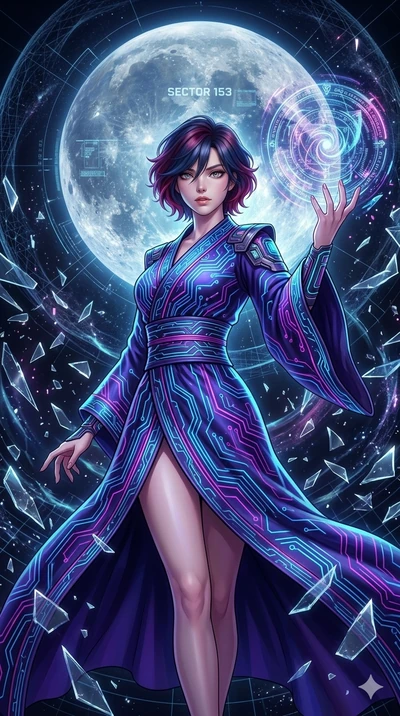 score_9, masterpiece, best quality, ultra-detailed, Set A: High-budget Anime Keyframe, Caucasian (strictly human ears) woman. Low angle cowboy shot filling the entire 9:16 frame with her statuesque presence. Drawing a blade through a clockwork desert