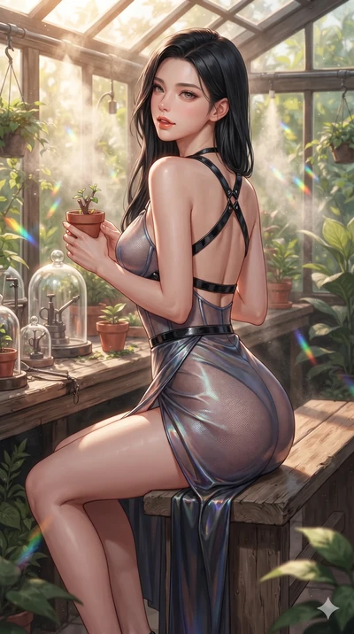 Korean woman. posing in an alluring rear three-quarter angle, looking over a bare shoulder with parted glossy lips, her hips cocked back to highlight her slim hourglass curve while sitting perched on the rustic timber bench with legs extended, holding a miniature terracotta pot with playful, seductive charm. The surrounding environment is...