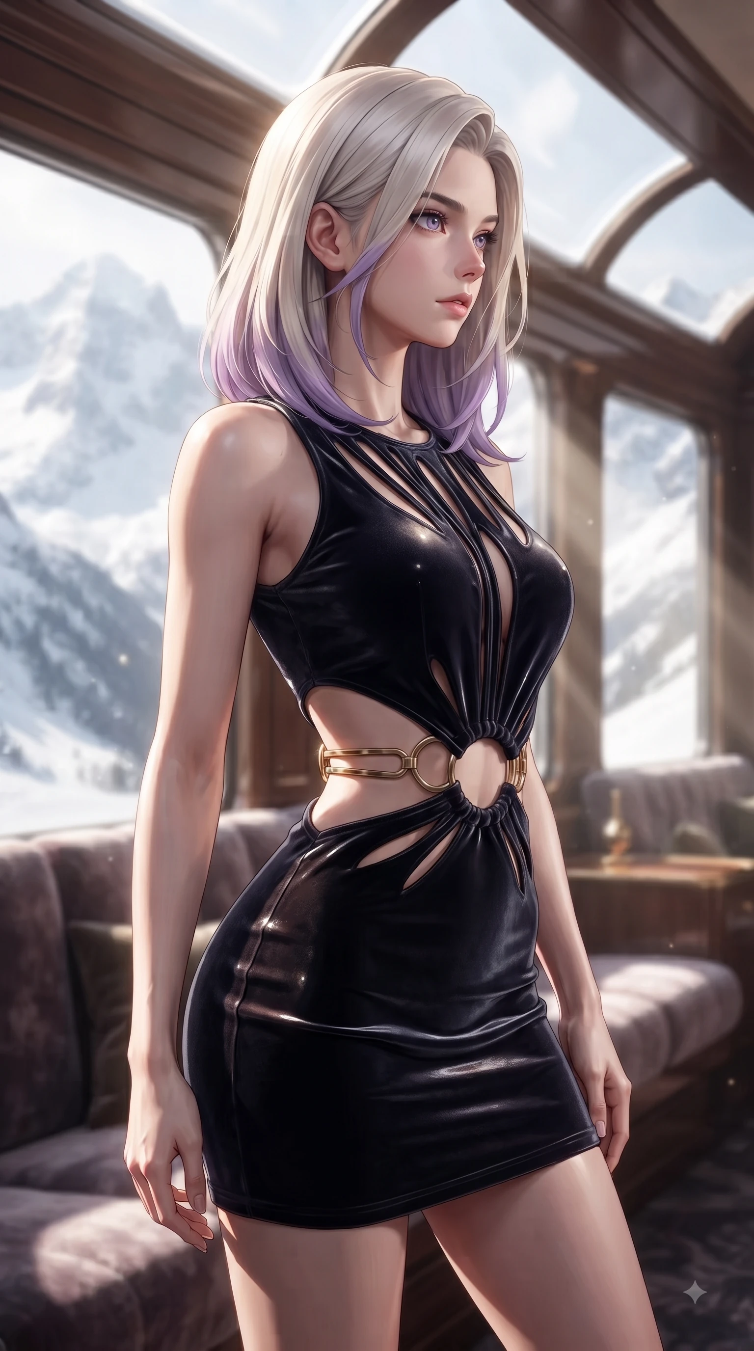 score_9, masterpiece, best quality, ultra-detailed, high-budget anime keyframe, editorial fashion photography, tasteful artistic composition, Caucasian woman woman. close-up cowboy shot from the waist and thighs up, the character dominates the composition, filling the frame with her large presence, background elements kept in soft focus. She has an exceptionally elegant, slender, and willowy female figure with an ultra-slim waist, a gracefully sculpted slender torso, and a refined silhouette. turning her head in a sharp dramatic profile against the key light, her eyes glowing with calm focus, flawlessly proportioned anatomical accuracy, natural body alignment, perfectly sculpted elegant limbs, clean dynamic posture without body distortion. set against a soft-focus background of a winding luxury train lounge car showing snowy alpine peaks. wearing a slitted cutout bodycon mini dress in dark velvet with gold ring hardware framing her waist. bathed in crisp alpine morning sunbeams slicing through panoramic window glass. ultra-reflective glossy finish, specular highlights, metallic sheen, high-contrast stereoscopic depth, volumetric dynamic lighting, 2k, ultra detail, master piece, 9:16 ratio