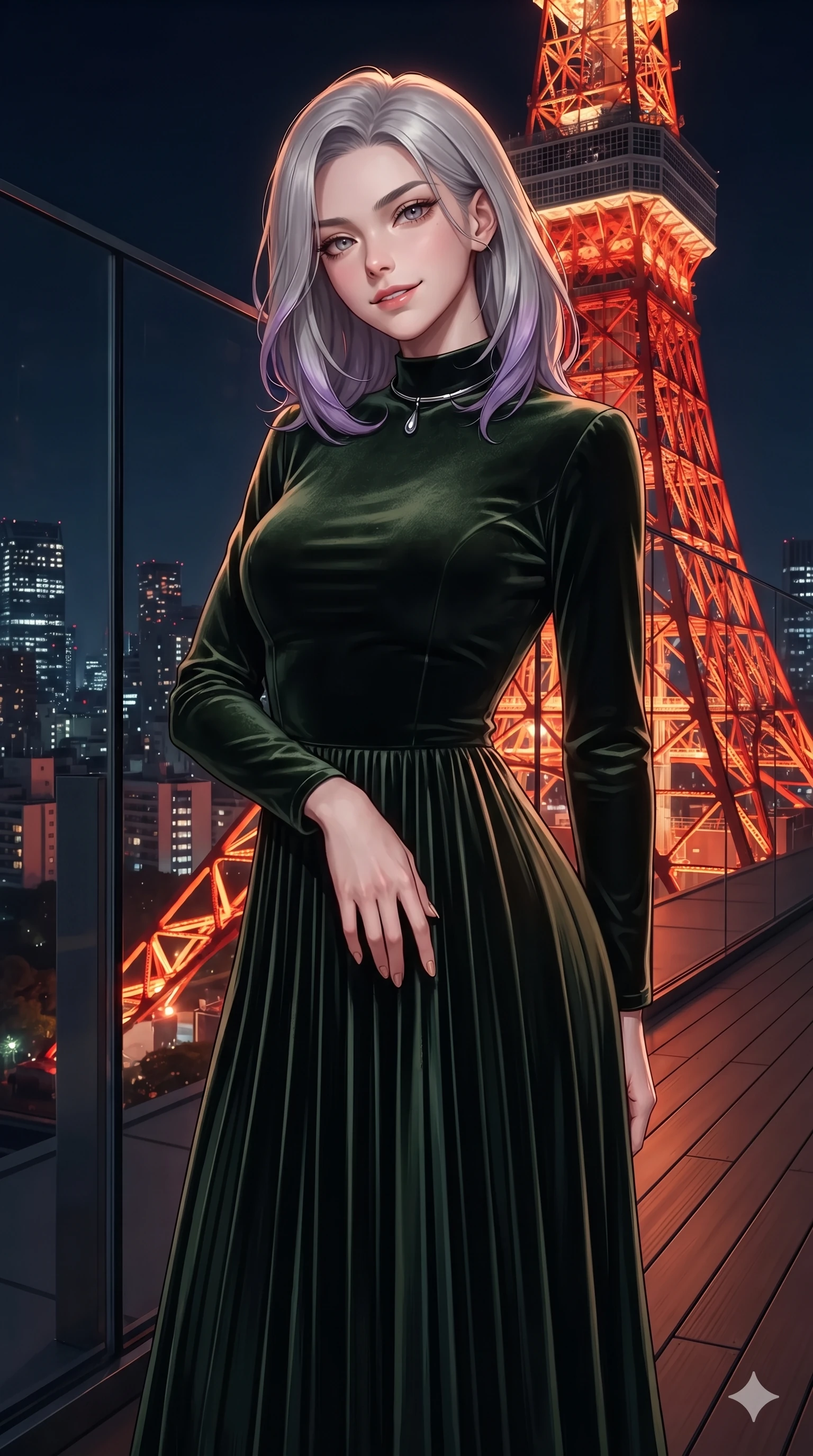 score_9, masterpiece, best quality, ultra-detailed, high-budget anime keyframe, editorial fashion photography, tasteful artistic composition, Caucasian woman. close-up cowboy shot from the waist and thighs up, the character dominates the composition, filling the frame with her large presence. tilting her head with a teasing half-smile, running one hand slowly down the side of her hip in a flirtatious S-curve as ambient neon caresses her silhouette while twisting her slender torso in an alluring contrapposto stance, night breezes fluttering her gown and tracing her narrow waist and curvy hips. The surrounding environment is rendered in vivid detail and crisp panoramic clarity: sharp seamless structural glass parapet seams, teak decking plank grain, and Tokyo Tower lattice steel precision in deep focus. She has an exceptionally elegant, slender, and willowy female figure with an ultra-slim waist, flat toned midriff, narrow ribcage, and sculpted feminine hips creating an alluring, slim hourglass silhouette without bulk. sharp v-shaped jawline, high-bridge nose, intricate jewel-like dark sparkling eyes with dangerous depth, thick curled eyelashes, glossy parted lips with a rich wine sheen, smoldering seductive half-smile with bedroom-eyes, exuding effortless superiority and intoxicating dark allure, flawlessly proportioned anatomical accuracy, strict slender model proportions, natural body alignment, perfectly sculpted long slender limbs, ultra-slim waistline, clean dynamic posture without body distortion. wearing a refined long-sleeve velvet evening gown with high neckline and fluid pleated column skirt in deep velvet forest green and antique brass, woven from bespoke high-density barathea wool with refined ceremonial hold, finished with a minimalist chrome choker and a single teardrop pendant, the impeccably tailored cut draping gracefully along her slender figure with aristocratic noir poise. bathed in the warm radiant scarlet and orange glow of Tokyo Tower contrasted with deep midnight navy skies. ultra-reflective glossy finish, specular highlights, rich textural contrasts, high-contrast stereoscopic depth, volumetric dynamic lighting, 2k, ultra detail, master piece, 9:16 ratio