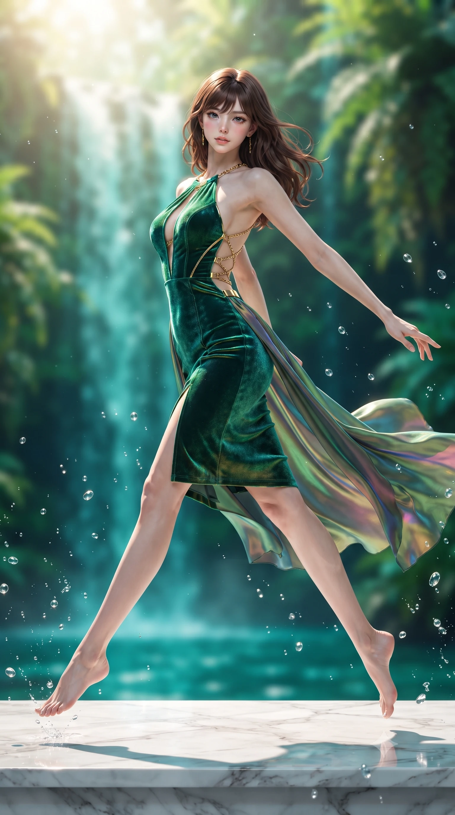 score_9, masterpiece, best quality, ultra-detailed, high-budget anime keyframe, editorial fashion photography, tasteful artistic composition, Korean woman. low angle full-body shot from head to toe showing her feet, filling the entire 9:16 vertical frame with her statuesque presence, stretching her vertical silhouette. leaping through mid-air with an athletic yet alluring arch of her spine, her impossibly long slender legs stretched in flawless poise while standing beneath a sun-drenched cascading waterfall of pure emerald water on a polished white marble dais. The composition keeps background elements in soft focus with creamy bokeh. cascading emerald waterfalls and sunlit grotto ferns blurred into lush green and turquoise bokeh. She has an absolutely perfect, statuesque 8.5-heads proportion, an exceptionally tall and slender model-like female figure with impossibly long slender legs, a toned flat midriff, and an ultra-slim waist. sharp v-shaped jawline, high-bridge nose, intricate jewel-like eyes with depth, thick eyelashes, glossy lips with a natural sheen, flawlessly proportioned anatomical accuracy, strict slender model proportions, natural body alignment, perfectly sculpted long slender limbs, ultra-slim waistline, clean dynamic posture without body distortion. wearing a velvet halter-neck midi dress fitting her statuesque contour flawlessly with a Tasteful chest slit and open spine in bright emerald green satin and gold hardware, made of smooth iridescent silk chiffon that shifts colors with movement, complemented by criss-cross back straps highlighting her completely bare spine, the form-contouring material adhering flawlessly to her sculpted flat midriff and slender torso, emphasizing her long leg lines and perfectly proportioned willowy build. illuminated by sparkling water droplet refractions and crisp white key lighting. ultra-reflective glossy finish, specular highlights, metallic sheen, high-contrast stereoscopic depth, volumetric dynamic lighting, 2k, ultra detail, master piece, 9:16 ratio