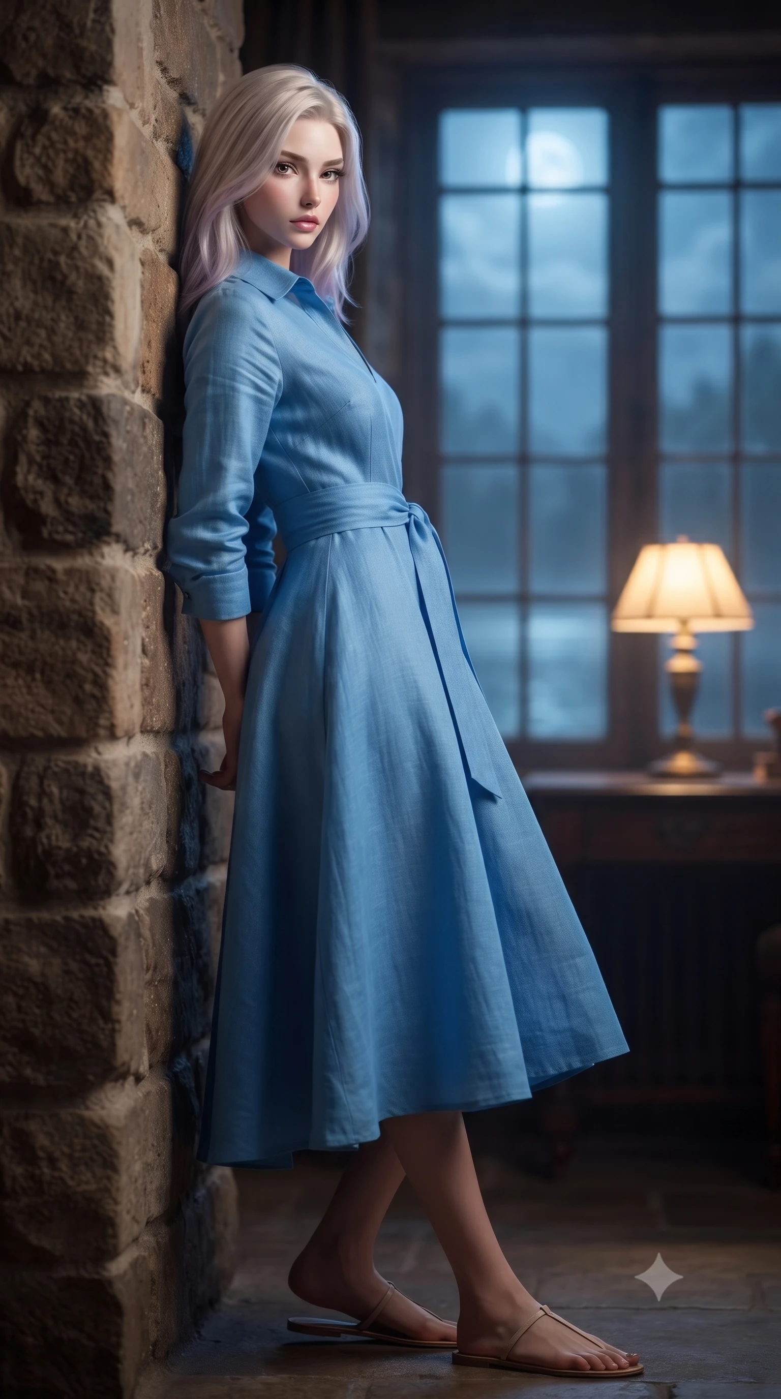 score_9, masterpiece, best quality, ultra-detailed, high-budget anime keyframe, editorial fashion photography, tasteful artistic composition, Caucasian woman. low angle full-body shot from head to toe showing her feet, filling the entire 9:16 vertical frame with her statuesque presence, stretching her vertical silhouette. leaning back against a rustic stone wall, casting a slow, alluring gaze at the camera the background shows a soft-focus a secluded castle library bay window overlooking a misty lake under moonlight. She has an absolutely perfect, statuesque 8.5-heads proportion, an exceptionally tall and slender model-like female figure with impossibly long slender legs and an ultra-slim waist. sharp v-shaped jawline, high-bridge nose, intricate jewel-like eyes with depth, thick eyelashes, glossy lips with a natural sheen. wearing a tailored classic linen wrap shirt dress in sky blue with a structured collar and waist tie. cool blue moonlight contrasting with a warm desk lamp inside. ultra-reflective glossy finish, specular highlights, metallic sheen, high-contrast stereoscopic depth, volumetric dynamic lighting, 2k, ultra detail, master piece, 9:16 ratio