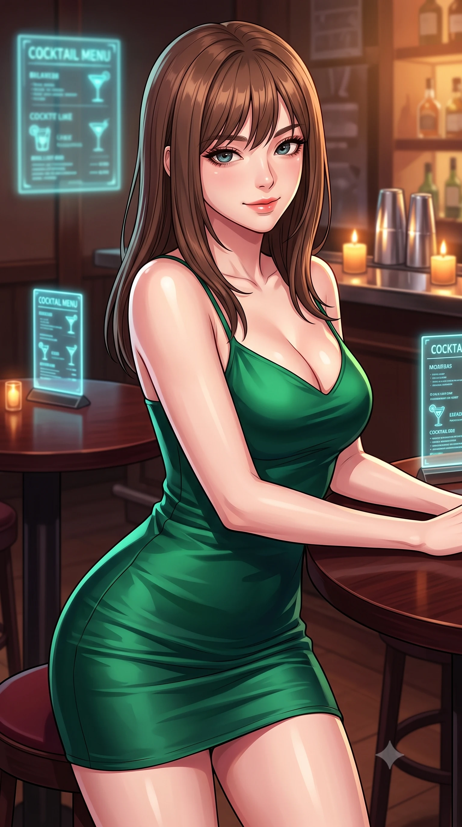 score_9, masterpiece, best quality, ultra-detailed, high-budget anime keyframe, tasteful artistic composition, Korean woman. close-up cowboy shot from the waist and thighs up, the character dominates the composition, filling the frame with her large presence, background elements kept in soft focus. leaning slightly forward with a playful, teasing smile, her gaze locked onto the viewer the background shows a soft-focus a hidden speakeasy bar with holographic cocktail menus and dark mahogany tables. She has an exceptionally elegant, slender, and willowy female figure with an ultra-slim waist, a gracefully sculpted slender torso, and a refined silhouette. sharp v-shaped jawline, high-bridge nose, intricate jewel-like eyes with depth, thick eyelashes, glossy lips with a natural sheen. wearing a slim-fit form-contouring emerald green silk slip dress that hugs her slender waist and hips. warm amber candlelight reflecting off the chrome bar surfaces. highly saturated vibrant anime colors, cel-shading, 2d style, master piece, 9:16 ratio