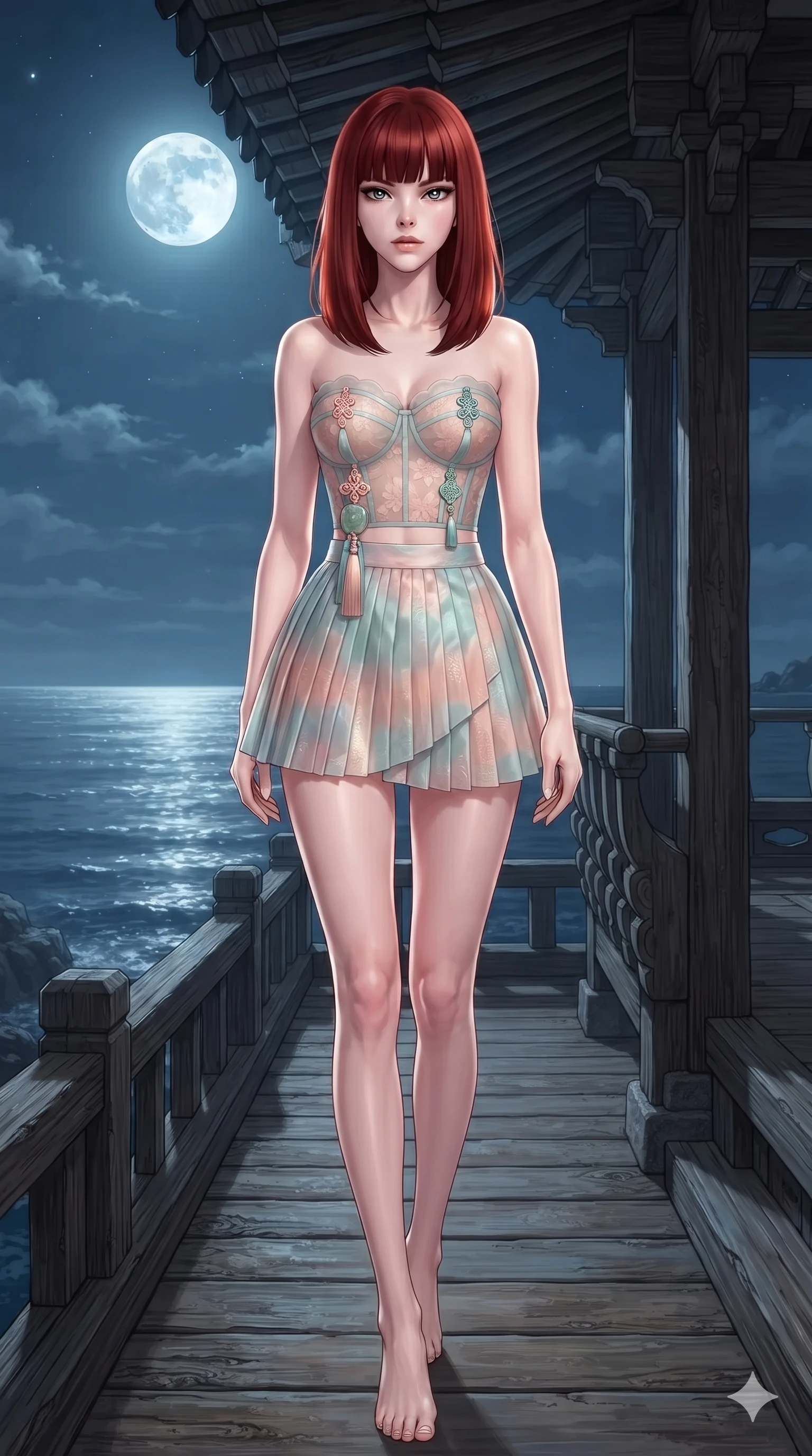 score_9, masterpiece, best quality, ultra-detailed, high-budget anime keyframe, editorial fashion photography, tasteful artistic composition, Caucasian woman. low angle full-body shot from head to toe showing her feet, filling the entire 9:16 vertical frame with her statuesque presence, stretching her vertical silhouette. stepping slowly toward the camera with hypnotic grace, hips swaying in an alluring sensual rhythm that accentuates her curvy hourglass silhouette and long slender legs while walking slowly along the cliffside parapet with hypnotic grace, hips swaying in an alluring sensual rhythm that commands the ocean void. The surrounding environment is rendered in vivid detail and crisp panoramic clarity: detailed liquid metallic lamé plunge jumpsuit cling, side cutouts, and coastal timber architecture in razor-sharp precision. She has an absolutely perfect, statuesque 8.5-heads proportion, an exceptionally tall and slender model-like female figure with impossibly long slender legs, an ultra-slim waist, a flat toned midriff, narrow delicate ribcage, and beautifully sculpted feminine hips creating a graceful, slim hourglass silhouette without any bulky heaviness. sharp v-shaped jawline, high-bridge nose, sparkling eyes with hypnotic seductive depth, thick curled eyelashes, glossy parted lips with a natural dewy peach sheen, alluring bedroom-eyes with an enchanting coquettish smile, exuding magnetic siren charisma and sophisticated glamour, flawlessly proportioned anatomical accuracy, strict slender model proportions, natural body alignment, perfectly sculpted long slender limbs, ultra-slim waistline, clean dynamic posture without body distortion. wearing a modern boned hanbok bustier top with norigae tassel paired with an ultra-short micro-pleated silk wrap mini skirt in pastel peach blossom and celadon porcelain blue, crafted from delicate semi-sheer Korean gossamer organza with subtle pearlescent glints, finished with authentic carved jade pendants and traditional norigae knots, the bespoke structured tailoring following the natural line of her 8.5-heads silhouette with refined elegance. bathed in brilliant horizontal moonlight sweeping across the ocean surface and into the open timber pavilion. ultra-reflective glossy finish, specular highlights, rich textural contrasts, high-contrast stereoscopic depth, volumetric dynamic lighting, 2k, ultra detail, master piece, 9:16 ratio
