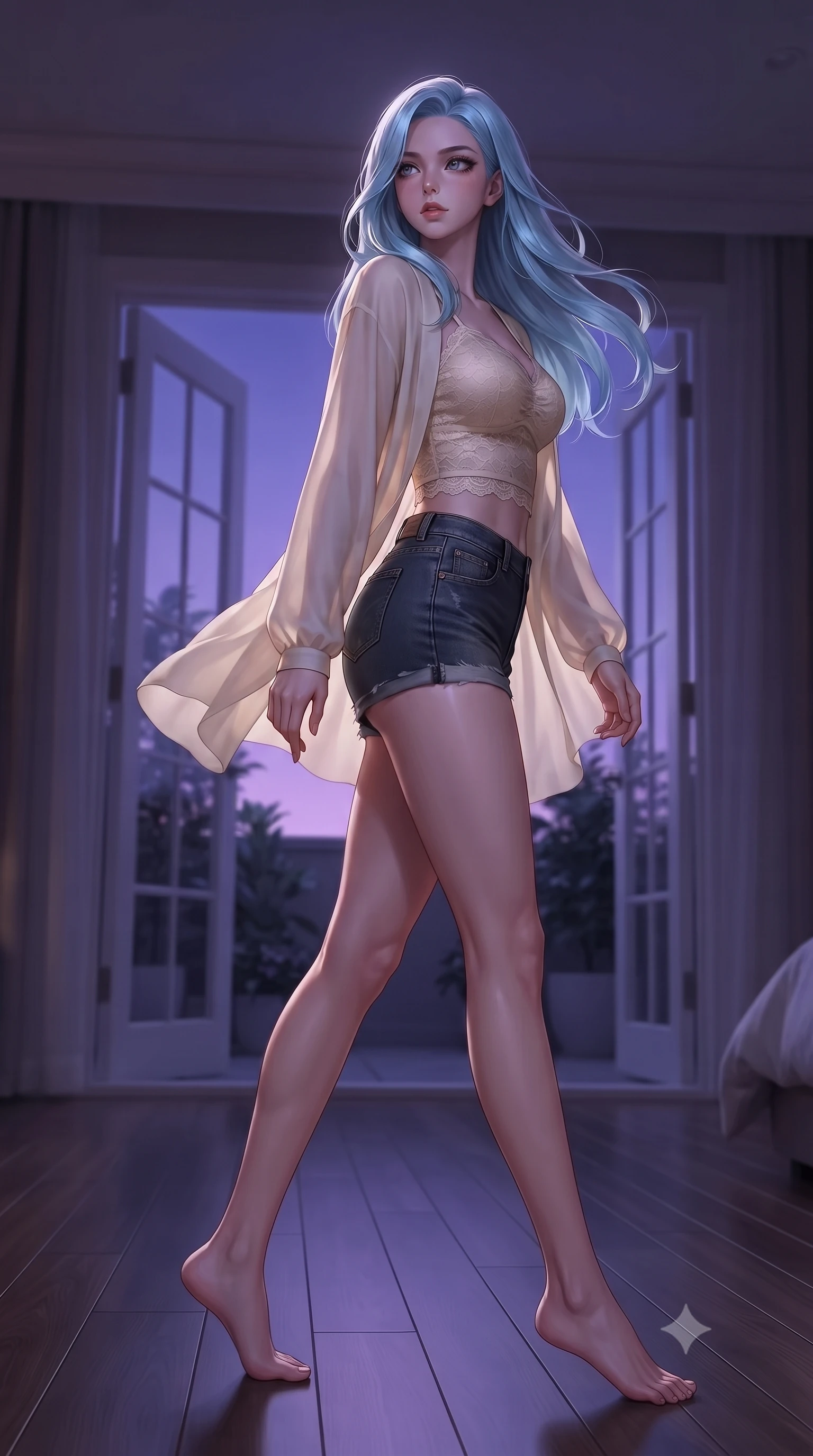 score_9, masterpiece, best quality, ultra-detailed, high-budget anime keyframe, editorial fashion photography, tasteful artistic composition, Korean woman woman. low angle full-body shot from head to toe showing her feet, filling the entire 9:16 vertical frame with her statuesque presence, stretching her vertical silhouette. stepping gracefully while looking back over her shoulder, her dress draped tightly to reveal her silhouette the background shows a soft-focus a bedroom suite with double glass doors opening to a quiet botanical patio at dusk. She has an absolutely perfect, statuesque 8.5-heads proportion, an exceptionally tall and slender model-like female figure with impossibly long slender legs and an ultra-slim waist. sharp v-shaped jawline, high-bridge nose, intricate jewel-like eyes with depth, thick eyelashes, glossy lips with a natural sheen. wearing a slim-fit delicate lace crop top in cream, worn under a semi-opaque chiffon cardigan and denim shorts. deep violet twilight sky glow casting cool highlights on her form. ultra-reflective glossy finish, specular highlights, metallic sheen, high-contrast stereoscopic depth, volumetric dynamic lighting, 2k, ultra detail, master piece, 9:16 ratio