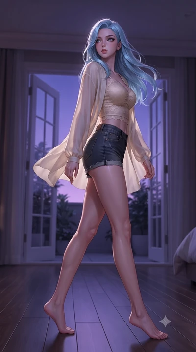 score_9, masterpiece, best quality, ultra-detailed, high-budget anime keyframe, editorial fashion photography, tasteful artistic composition, Korean woman woman. low angle full-body shot from head to toe showing her feet, filling the entire 9:16 vert
