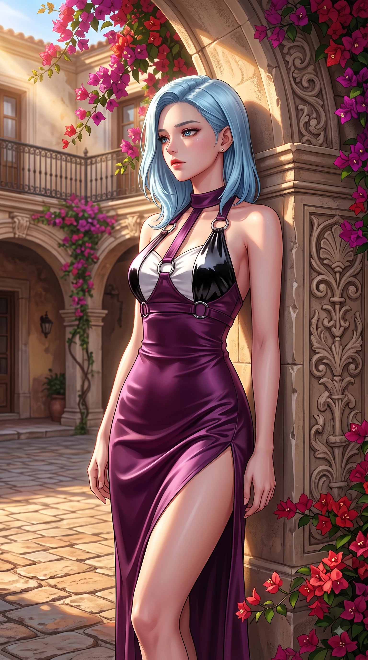 score_9, masterpiece, best quality, ultra-detailed, high-budget anime keyframe, editorial fashion photography, tasteful artistic composition, Korean woman. close-up cowboy shot from the waist and thighs up, the character dominates the composition, filling the frame with her large presence. Heart-tugging melancholic glance with a subtle drop of emotion in her eyes and a quiet wistful posture while leaning against a classic stone archway framed by trailing bougainvillea flowers. The surrounding environment is rendered in vivid detail and crisp panoramic clarity. intricate stone carvings, wrought-iron balconies, and warm cobblestone textures captured in crisp resolution. She has an exceptionally elegant, slender, and willowy female figure with an ultra-slim waist, a gracefully sculpted slender torso, and a refined silhouette. sharp v-shaped jawline, high-bridge nose, intricate jewel-like eyes with depth, thick eyelashes, glossy lips with a natural sheen, flawlessly proportioned anatomical accuracy, natural body alignment, perfectly sculpted elegant limbs, clean dynamic posture without body distortion. wearing a rich plum purple halter-neck silk dress with silver ring hardware in monochrome white and glossy black contrast, crafted from smooth liquid silk satin, finished with a sleek side slit ascending to mid-thigh, the form-contouring material accentuating her ultra-slim waist and long lines. bathed in dramatic golden hour sunbursts casting long cinematic shadows. highly saturated vibrant anime colors, detailed shading with soft gradients, rich glossy textures, high-contrast stereoscopic depth, volumetric dynamic lighting, master piece, 9:16 ratio