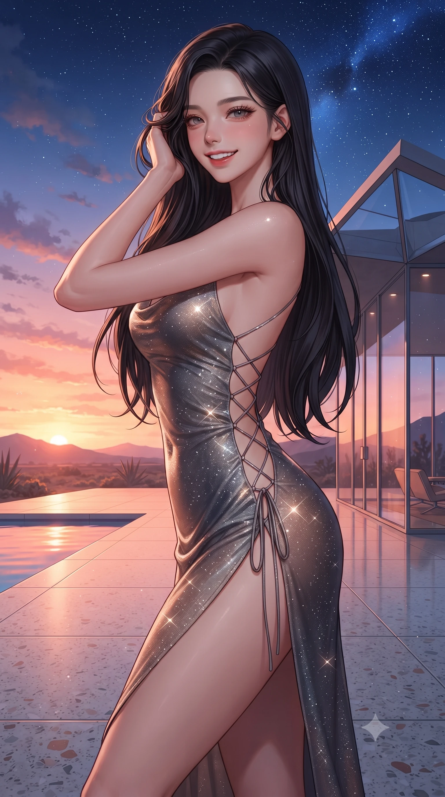 score_9, masterpiece, best quality, ultra-detailed, high-budget anime keyframe, editorial fashion photography, tasteful artistic composition, Korean woman. close-up cowboy shot from the waist and thighs up, the character dominates the composition, filling the frame with her large presence. gently brushing a lock of hair behind her ear while casting a playful, flirtatious side-gaze with long eyelashes while standing poised on the polished terrazzo patio beside the iconic butterfly-roof glass pavilion, arching her lower back as desert sunset transitions into star-filled twilight. The surrounding environment is rendered in vivid detail and crisp panoramic clarity: detailed garment textures, waistline contouring, and modernist architectural craft in razor-sharp precision. She has an exceptionally elegant, slender, and willowy female figure with an ultra-slim waist, flat toned midriff, narrow ribcage, and sculpted feminine hips creating an alluring, slim hourglass silhouette without bulk. sharp v-shaped jawline, high-bridge nose, intricate jewel-like sparkling eyes with depth, thick eyelashes, glossy parted lips with a natural peach sheen, bright cheerful beaming smile with an enchanting and coquettish sensual glint, exuding both youthful cute charm and seductive allure, flawlessly proportioned anatomical accuracy, strict slender model proportions, natural body alignment, perfectly sculpted long slender limbs, ultra-slim waistline, clean dynamic posture without body distortion. wearing a form-contouring gossamer silk chiffon slip dress with a hip-high slit and open cowl back clinging with dewy moisture in Joshua Tree Mojave obsidian and starlight platinum, woven from stretch metallic lurex jersey casting radiant starlight glints across her curves, featuring fine criss-cross lace-up side ties revealing tantalizing glimpses of her hip curve, the second-skin tailored fabric adhering flawlessly to her sculpted flat midriff and slender torso, emphasizing her long leg lines and perfectly proportioned willowy build. bathed in saturated 2900K sunset-coral twilight transitioning into electric twilight blue. ultra-reflective glossy finish, specular highlights, rich textural contrasts, high-contrast stereoscopic depth, volumetric dynamic lighting, 2k, ultra detail, master piece, 9:16 ratio