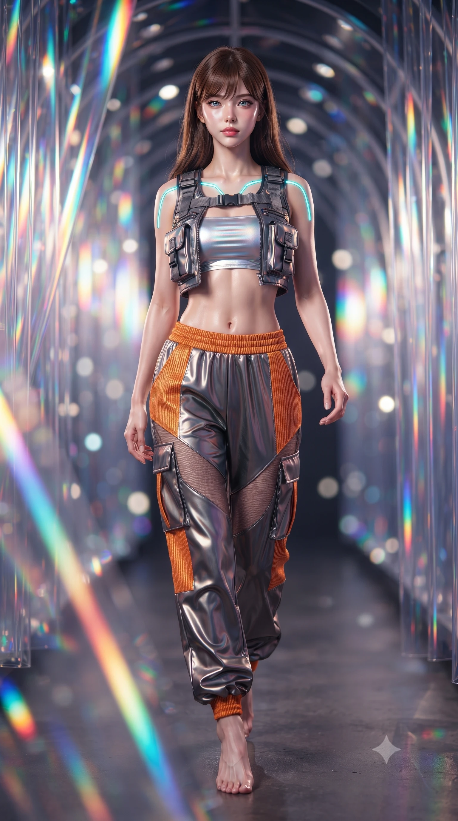 score_9, masterpiece, best quality, ultra-detailed, high-budget anime keyframe, editorial fashion photography, tasteful artistic composition, Korean woman. low angle full-body shot from head to toe showing her feet, filling the entire 9:16 vertical frame with her statuesque presence, stretching her vertical silhouette. stepping forward gracefully in mid-motion, displaying her toned flat midriff and flawlessly sculpted slender limbs while walking through a tunnel of pulsing chromatic light curtains with effortless high-fashion runway poise. The composition keeps background elements in soft focus with creamy bokeh. refracted light beams and internal acrylic reflections scattering radiant chromatic light motes. She has an absolutely perfect, statuesque 8.5-heads proportion, an exceptionally tall and slender model-like female figure with impossibly long slender legs, a toned flat midriff, and an ultra-slim waist. sharp v-shaped jawline, high-bridge nose, intricate jewel-like eyes with depth, thick eyelashes, glossy lips with a natural sheen, captivating and magnetic expression, flawlessly proportioned anatomical accuracy, strict slender model proportions, natural body alignment, perfectly sculpted long slender limbs, ultra-slim waistline, clean dynamic posture without body distortion. wearing a cropped tech-harness utility vest worn over a silver reflective bandeau top and baggy cargo pants in metallic gunmetal and laser orange, made of stretchy ribbed athletic knit with sheer mesh cutout inserts, finished with glowing cyan status conduits tracing her collarbones, the liquid-tight tailored fabric emphasizing every curve of her tall, slender model proportions and sculptured silhouette during dynamic movement. surrounded by a cutting-edge, avant-garde, and mesmerizingly stylish future-fashion muse aura. ultra-reflective glossy finish, specular highlights, rich textural contrasts, high-contrast stereoscopic depth, volumetric dynamic lighting, 2k, ultra detail, master piece, 9:16 ratio