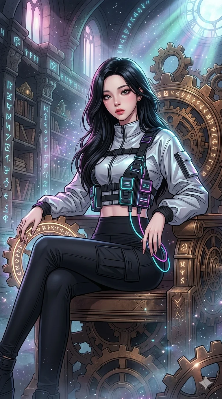 score_9, masterpiece, best quality, ultra-detailed, high-budget anime movie keyframe, cinematic anime lighting, intricate line art, Japanese woman. Upper body filling screen focusing on her alluring features and slim-fit silhouette. resting on a throne of gears in a ancient runic library in a mist of stardust. She has an absolutely perfect 8-heads proportion, an exceptionally tall and slender female figure with an ultra-slim waist and impossibly long slender legs. sharp v-shaped jawline, high-bridge nose, intricate jewel-like eyes, thick eyelashes, glossy lips. Wearing modern urban tech-wear ensemble with a cropped reflective bomber jacket, ultra-slim high-waisted cargo leggings, and tactical harness with neon-lit pouches. The scene is illuminated by dramatic atmospheric lighting and vibrant color palettes. , 2k, ultra detail, master piece, 9:16 ratio