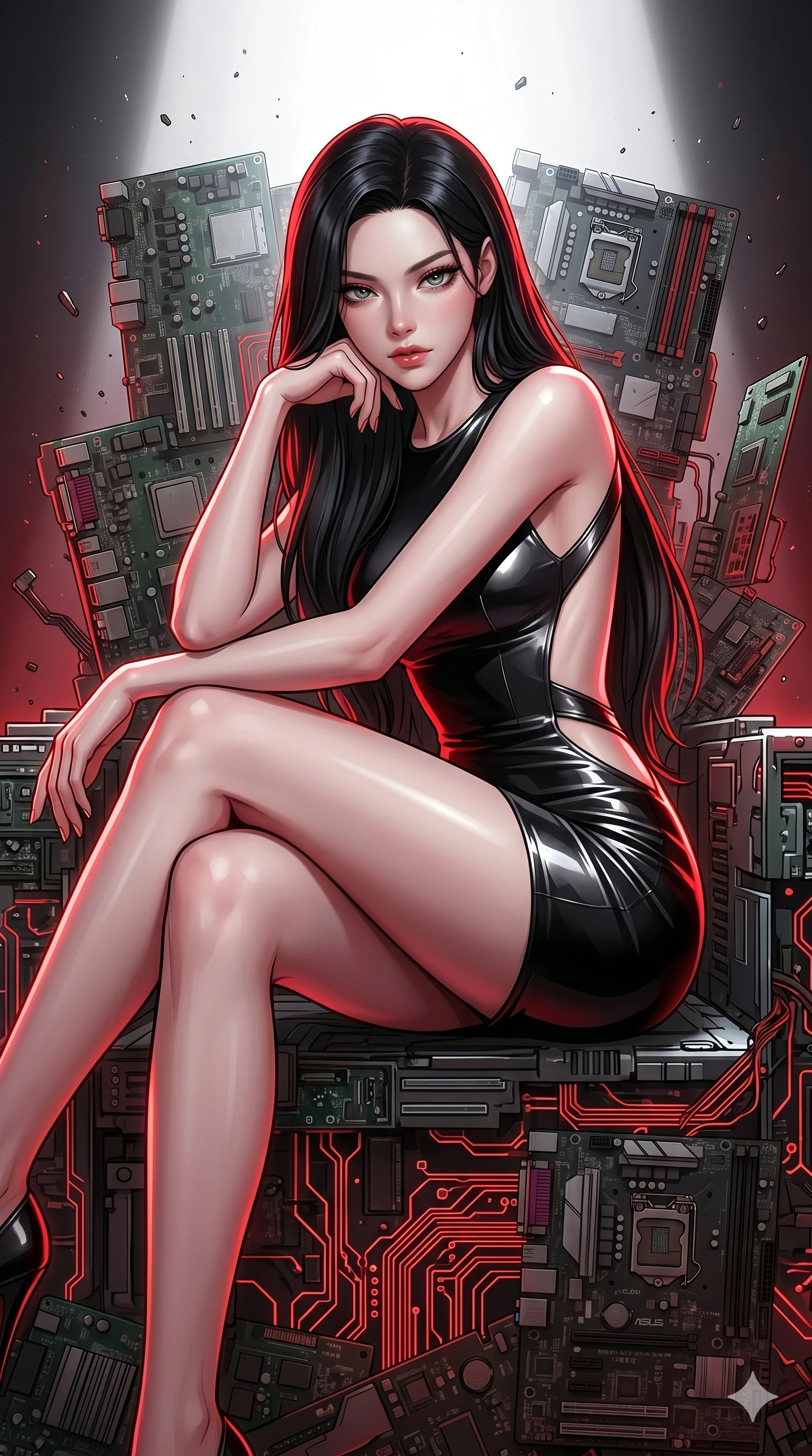 score_9, masterpiece, best quality, ultra-detailed, high-budget anime keyframe, Korean woman. Upper body close-up from the thighs up, character filling the screen for maximum presence. She is seated dynamically on a throne of calcified logic boards and glowing red circuits. She leans forward with a dangerous, enticing smolder, resting one elbow on her knee. She has an absolutely perfect 8-heads proportion, an exceptionally tall and slender female figure with impossibly long slender legs and an ultra-slim waist. V-shaped jawline, high-bridge nose, intricate jewel-like eyes with depth, thick eyelashes, glossy lips with a natural sheen. She is wearing a second-skin fashion-latex mini dress with a clean architectural front, featuring an open-back design that wraps around the sides of her waist, showcasing her slender silhouette. The scene is bathed in bright white studio flash light and sharp crimson rim lighting outlining her silhouette. 2k, ultra detail, master piece, 9:16 ratio