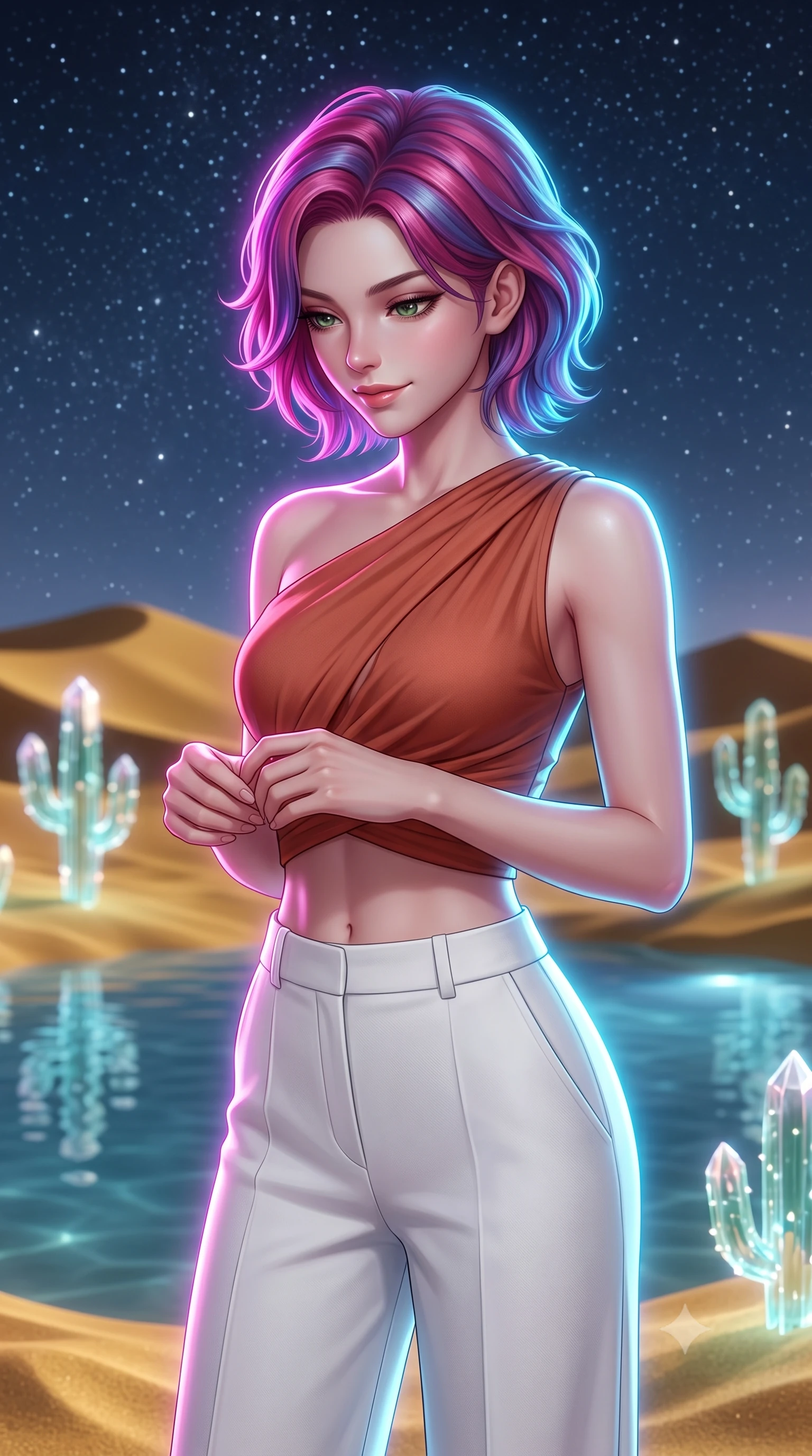 score_9, masterpiece, best quality, ultra-detailed, high-budget anime keyframe, editorial fashion photography, tasteful artistic composition, Caucasian woman, strictly human ears. close-up cowboy shot from the waist and thighs up, the character dominates the composition, filling the frame with her large presence, background elements kept in soft focus. Looking down with a gentle, thoughtful smile full of quiet warmth. set against a soft-focus background of standing beside a pristine desert pool surrounded by shifting gold sand dunes and glowing crystal cacti under a clear starry night. She has an exceptionally elegant, slender, and willowy female figure with a highly-defined ultra-slim waist, a gracefully sculpted slender torso, and a refined slim-fit silhouette that contours her form. sharp v-shaped jawline, high-bridge nose, intricate jewel-like eyes with depth, thick eyelashes, glossy lips with a natural sheen. wearing an asymmetric crop top in terracotta paired with high-waisted white wide-leg pants. brilliant cinematic volumetric lighting with intense neon rim light outlining her form. 2k, ultra detail, master piece, 9:16 ratio