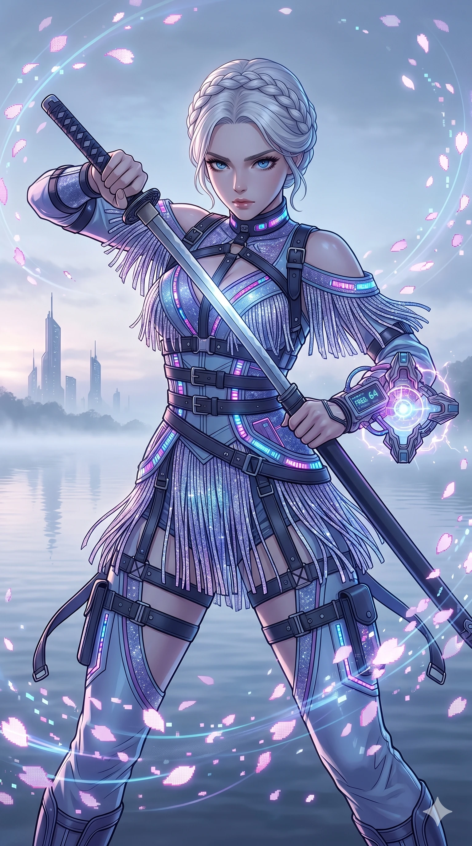 score_9, masterpiece, best quality, ultra-detailed, Set A: High-budget Anime Keyframe, Japanese woman. Low angle cowboy shot filling the entire 9:16 frame with her statuesque presence. Drawing a blade through a misty lakeside at dawn, holding a relic that pulses with the frequency 64 and surrounded by digital sakura petals. She has an absolutely perfect 8-heads proportion, an exceptionally tall and slender female figure with impossibly long slender legs and an ultra-slim waist. Sharp v-shaped jawline, high-bridge nose, intricate jewel-like eyes with depth, thick eyelashes, glossy lips with a natural sheen. Wearing Cyberpunk idol stage outfit with glittery fringes, leather straps, and glowing LED accents. Cinematic lighting, vibrant colors, dramatic shadows, 2k, ultra detail, master piece, 9:16 ratio
